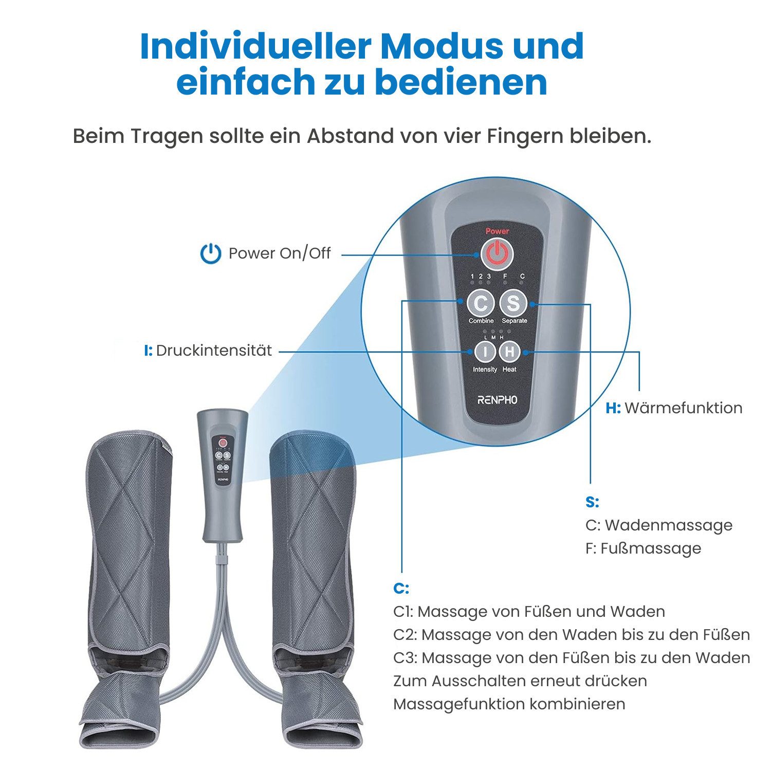 RENPHO Fußmassagegerät Aeria Elementary Thermal, Luftdruck für Beine/Füße, Wärme, 5 Modi, Memory, Fernbedienung