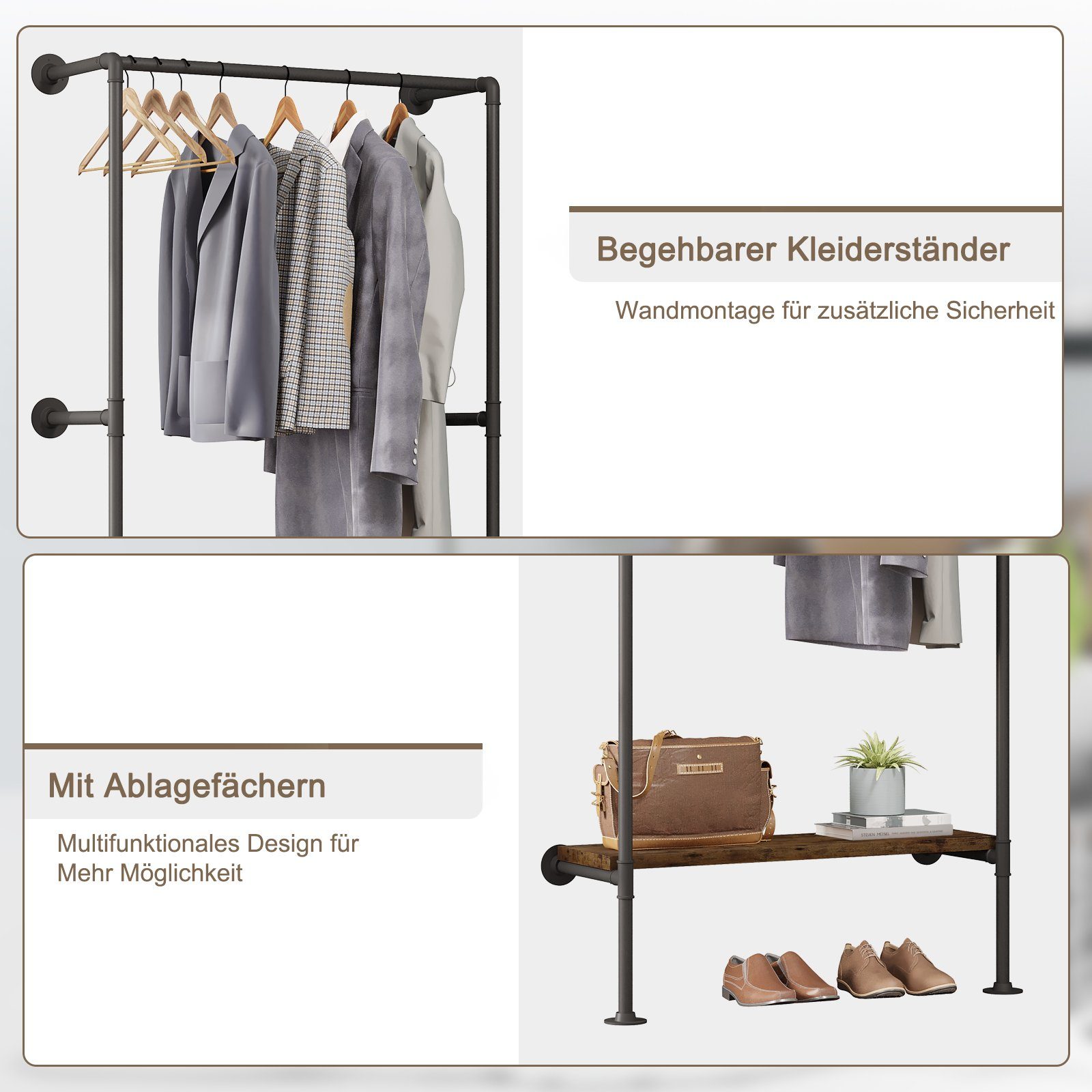 Woltu Kleiderstange (1 St), industrial schwarz Wandmontage Metallrohren MDF