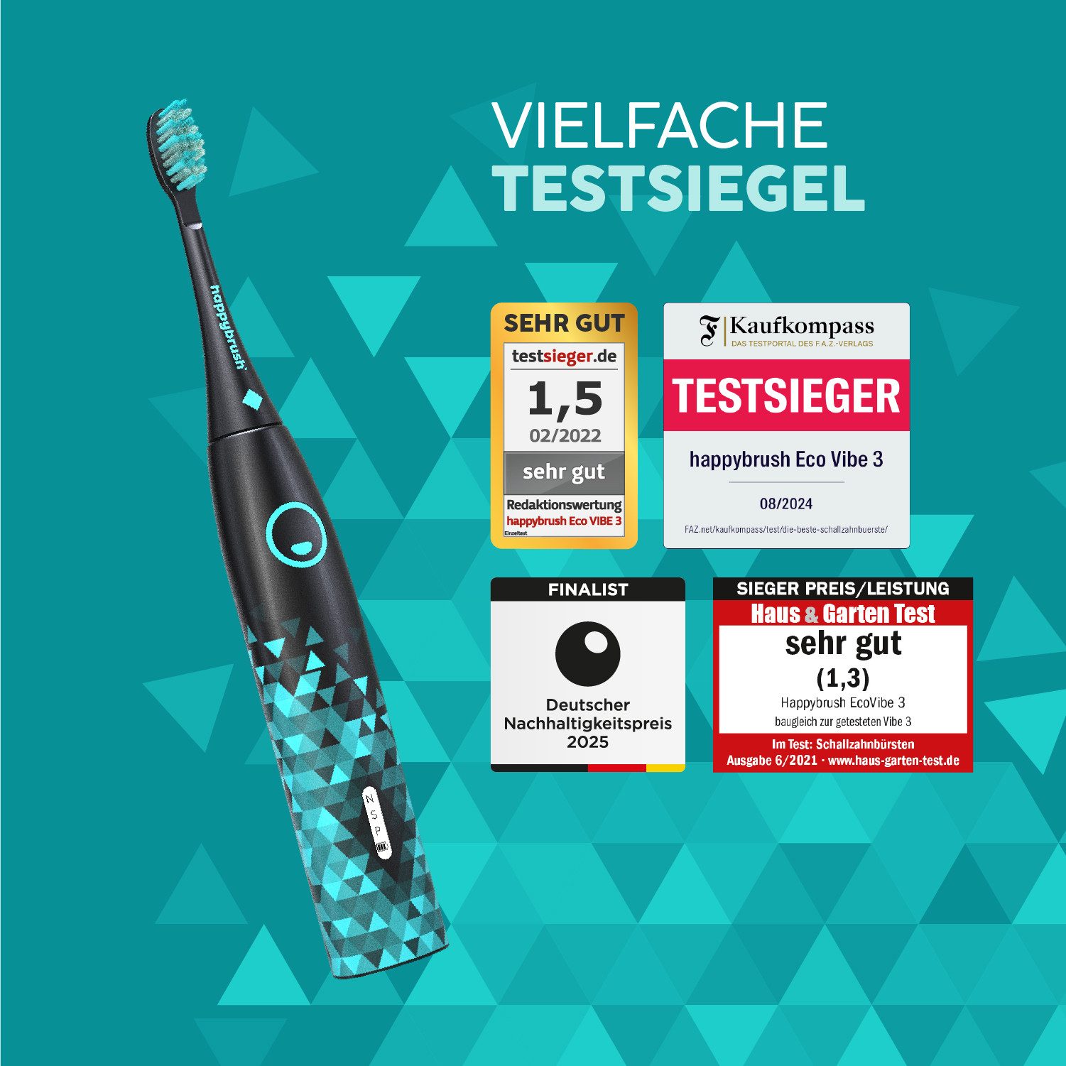 happybrush Schallzahnbürste Eco Vibe 3 Black/Mint – TESTSIEGER - 8 Wochen Power Akku, Aufsteckbürsten: 1 St., Eco Vibe 3, 2 Jahre Garantie