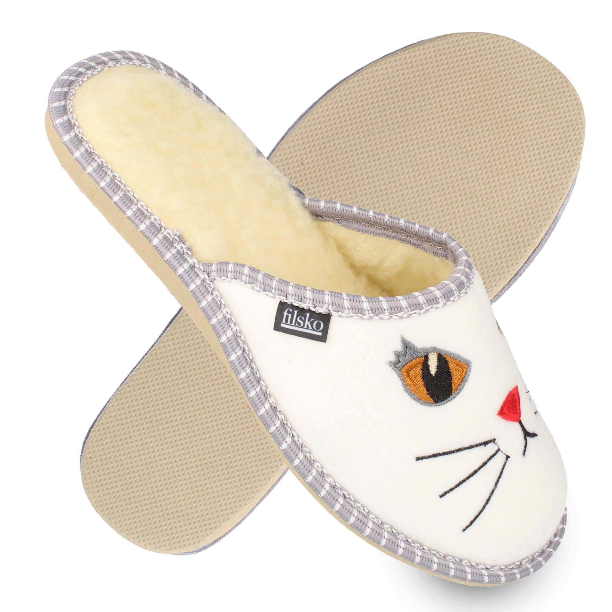 filsko Litton Damen Katzenstickerei Hausschuh Pantolette mit Katzenaugen, weißer Filz, gefüttert, ungefüttert