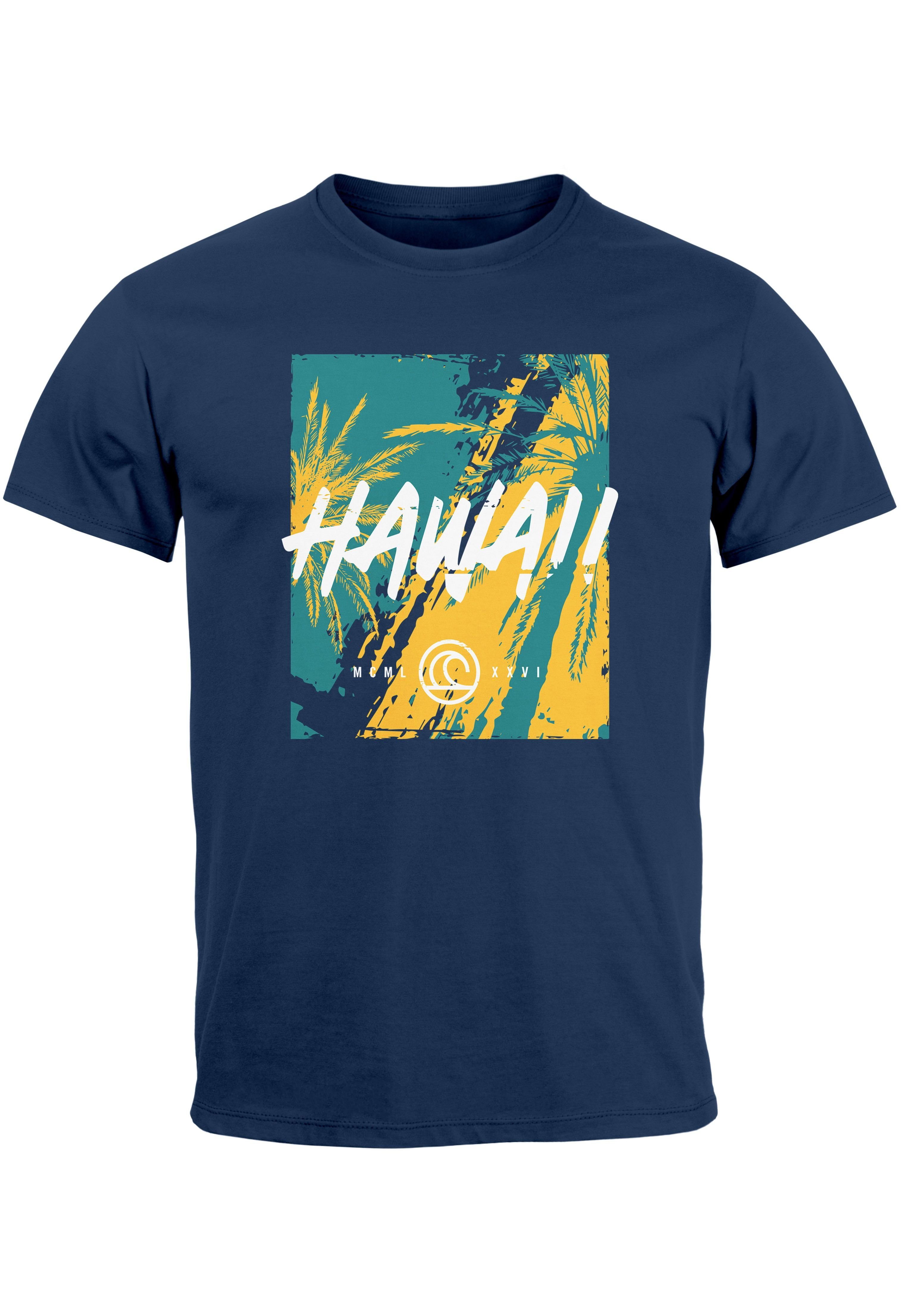 navy Fashion Neverless Str Palmen Print Sommer Print-Shirt Herren mit Print Hawaii Aufdruck T-Shirt Surfing