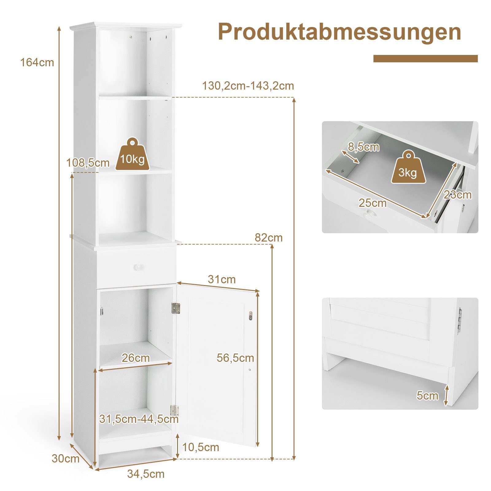 COSTWAY 34,5x30x164cm Bad, schmal, Schubalde&Fächern, mit Tür, Hochschrank