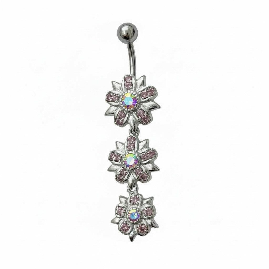 Karisma Schmuck Bauchnabelpiercing Damen Silbersterling 925 3 Blüten Rubinrot / Rosa Kristallen, Edelstahlsteg 316L SBB54