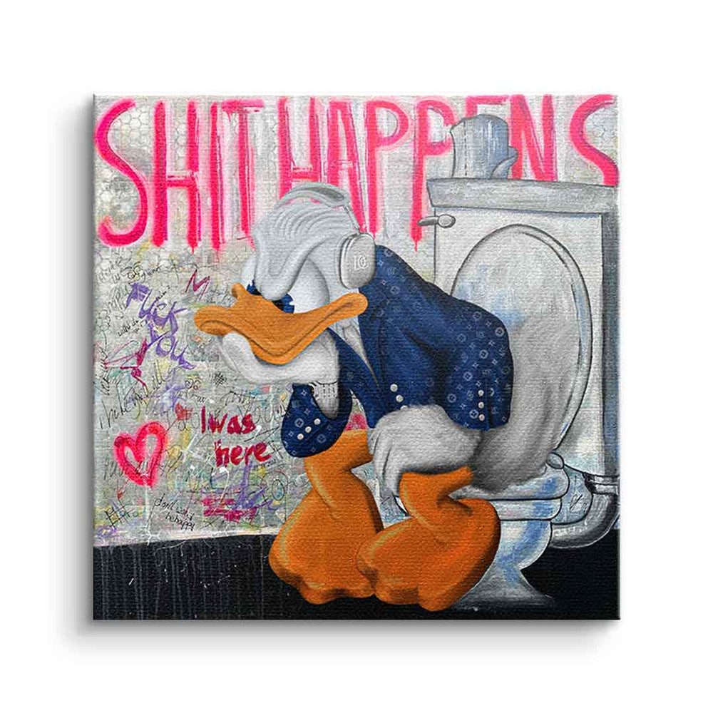 DOTCOMCANVAS® Leinwandbild Shit Happens, Leinwandbild Donald Duck Shit Happens Bad Toilette Pop Art Comic