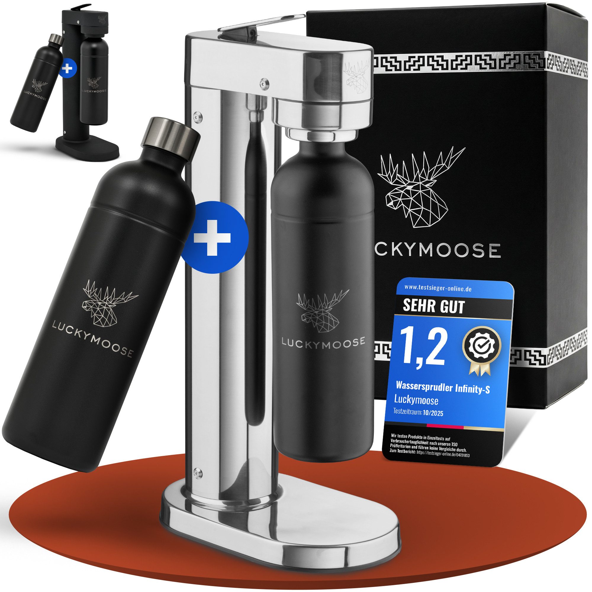 Luckymoose Wassersprudler Infinity-S mit 2x 1,25L langlebige Edelstahlflaschen, (2xSchwarz-tlg), Spart bis zu 25% CO2, Flaschen spülmaschinenfest & ohne Ablaufdatum