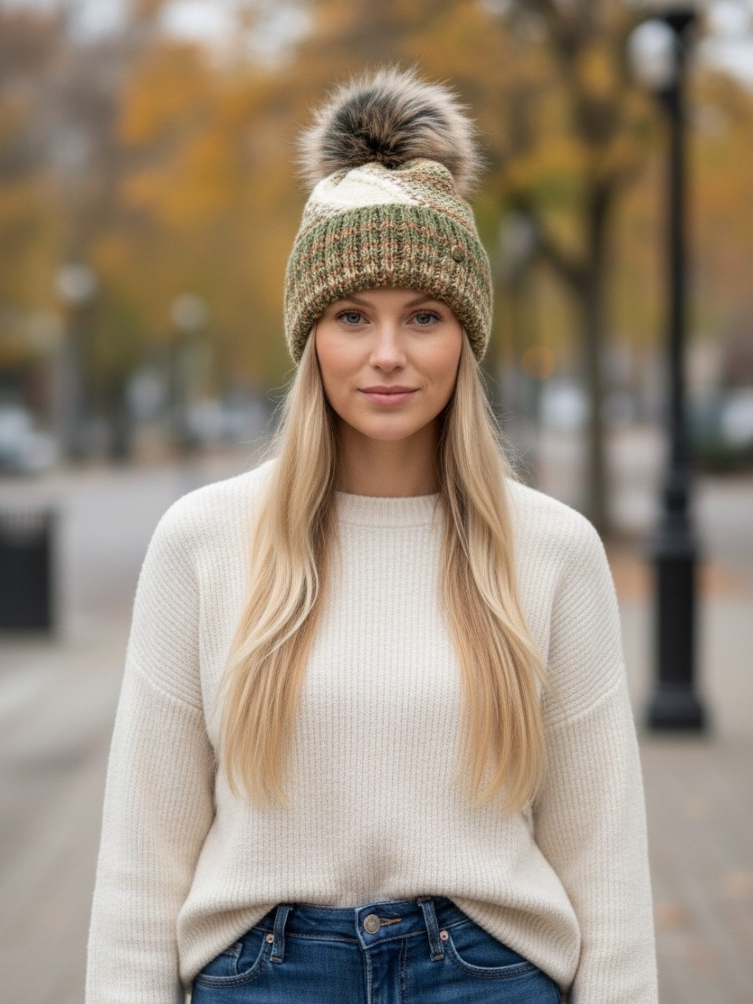 Taschen4life Bommelmütze Beanie mit großem Bommel 701P lockerer Strick, weich gefüttert