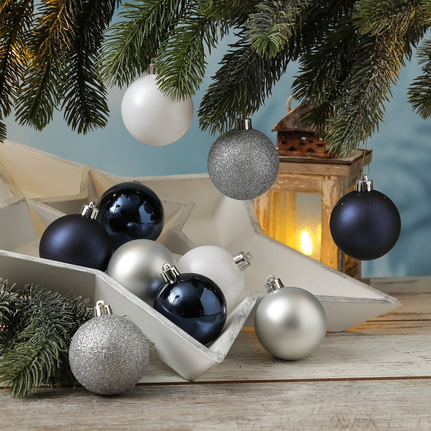 MARELIDA Weihnachtsbaumkugel Weihnachtskugeln Christbaumkugeln bruchfest 6cm blau silber 30Stück (30 St)