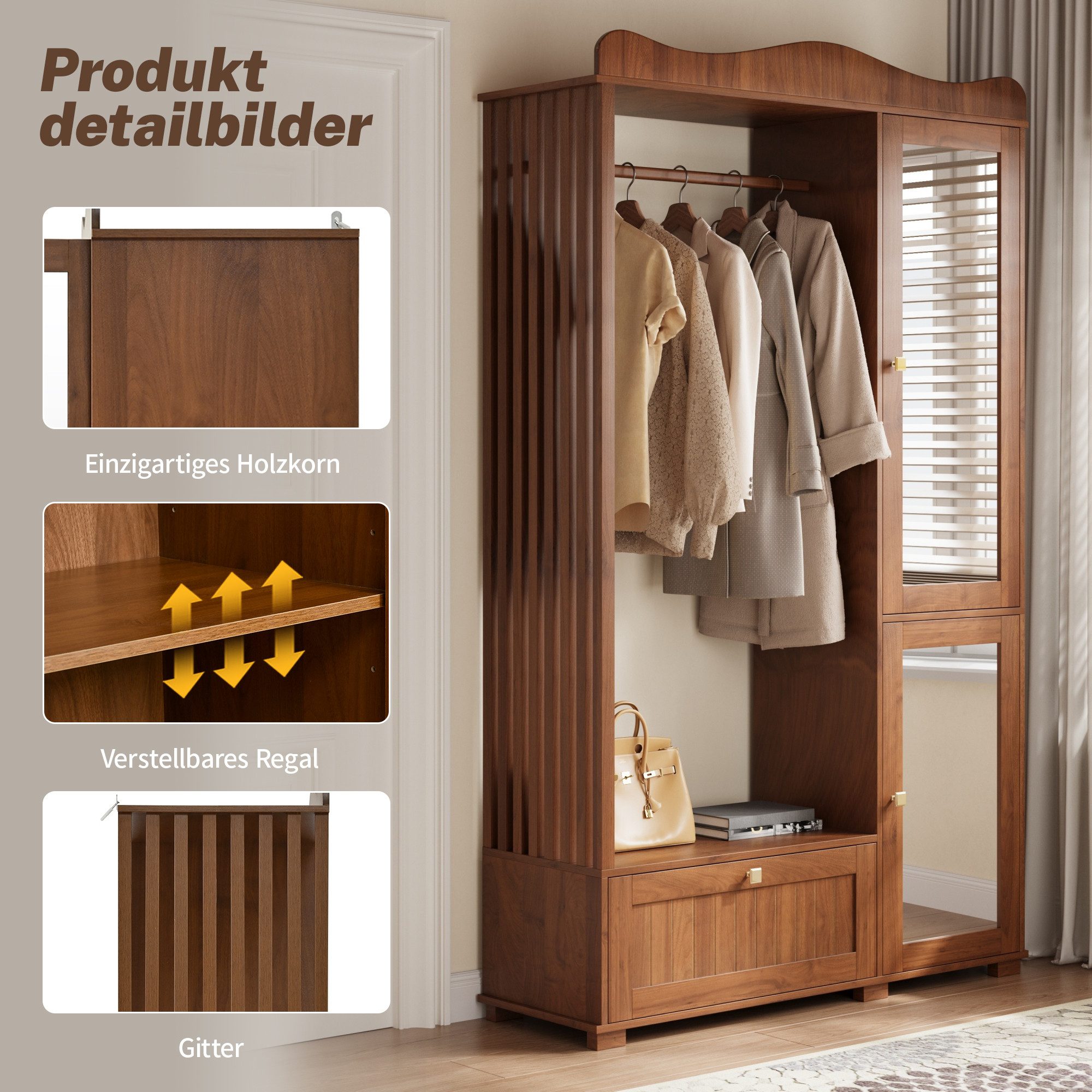 Merax Garderobenschrank mit Spiegel und Offener Kleiderständer, 115,5×38,5×194,5cm (1-St) Kompaktgarderobe mit Schublade & 2 Türen für Schlafzimmer und Flur – Bild 4 von 5