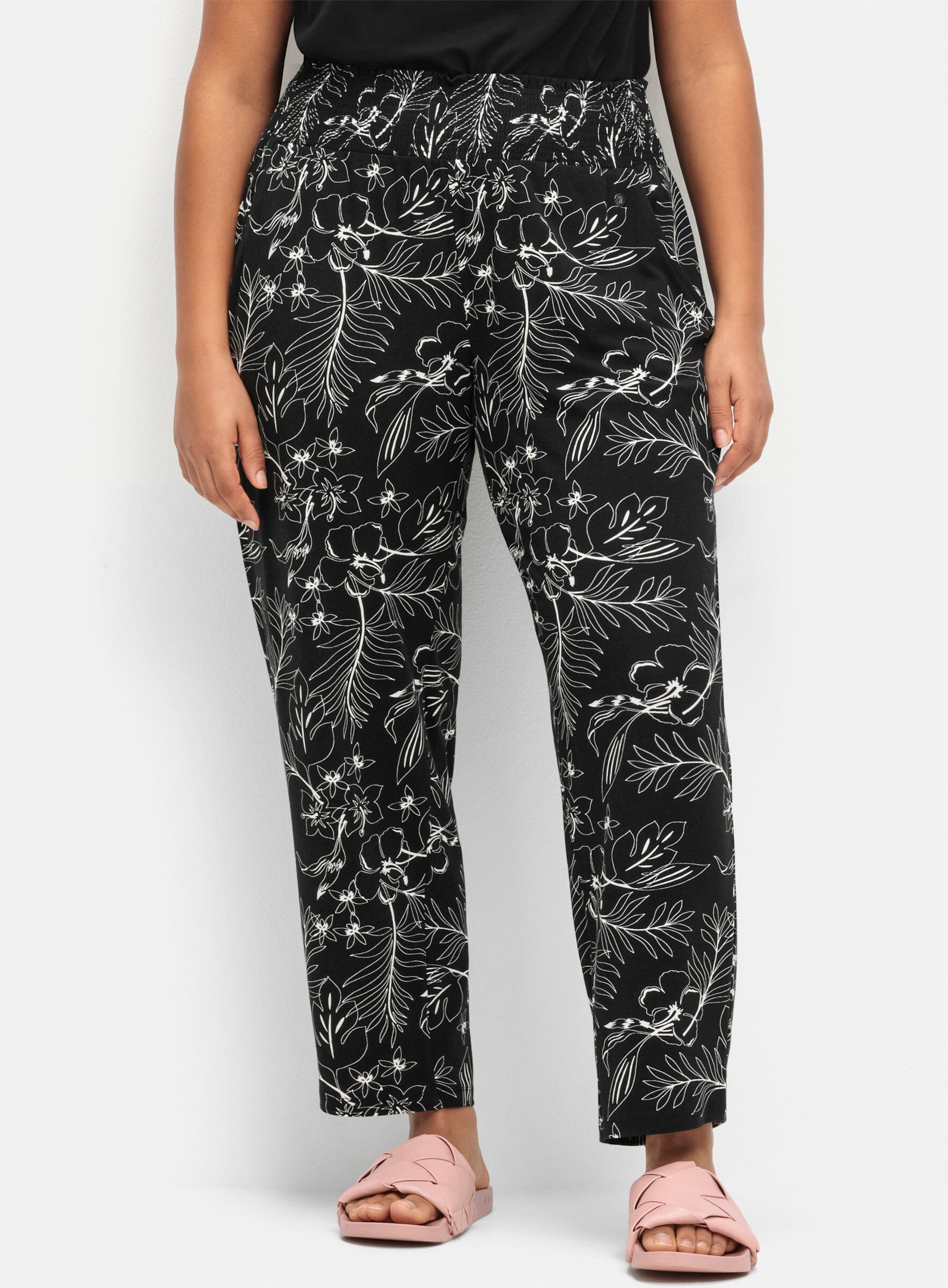 Sheego Jerseyhose Schlupfhose mit breitem Smokbund und Blumendruck günstig online kaufen
