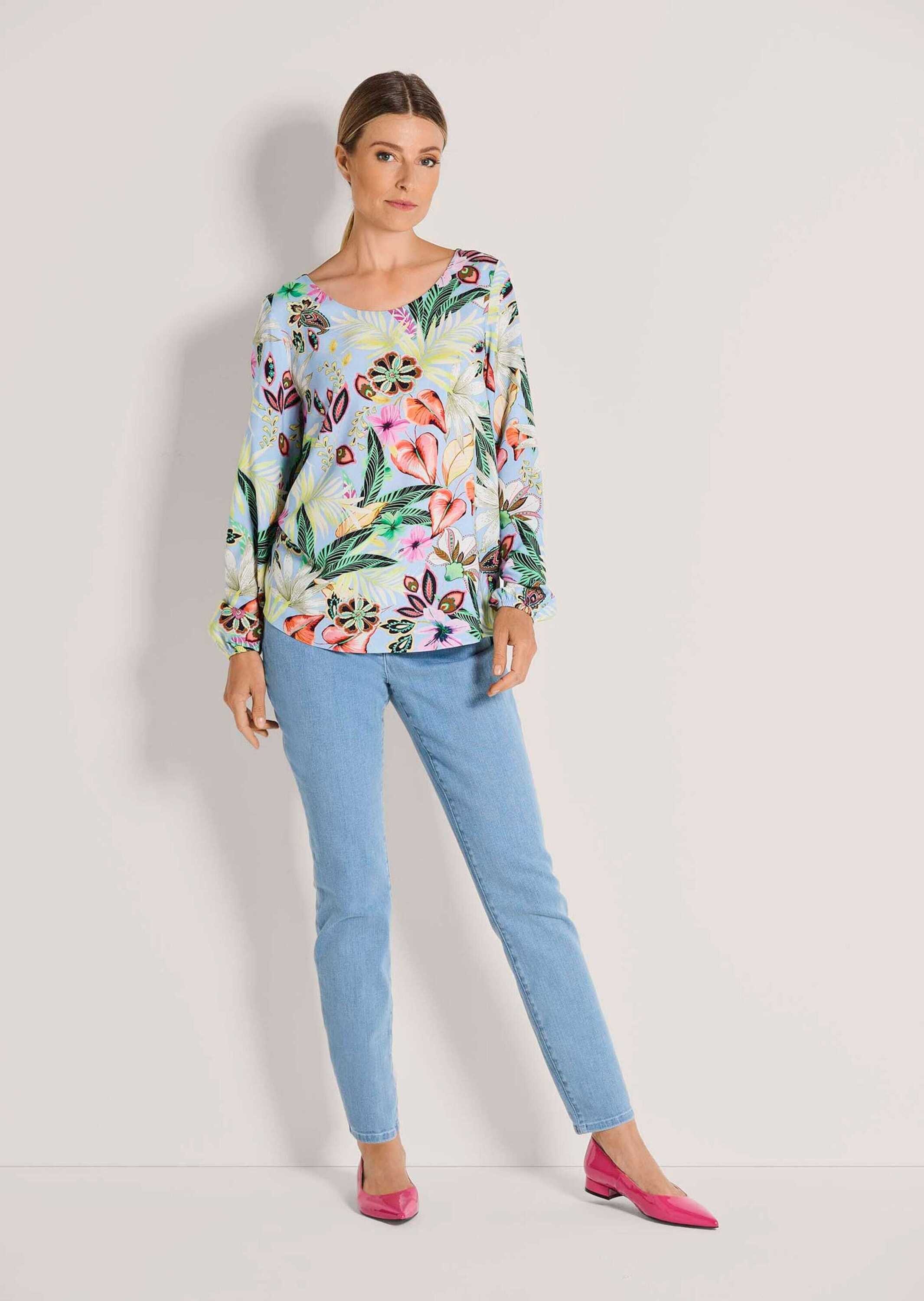 MADELEINE Hemdbluse Fließende Viskosebluse mit Blumenmuster Druckbluse mit Rundhals, Gummibündchen und Langarm