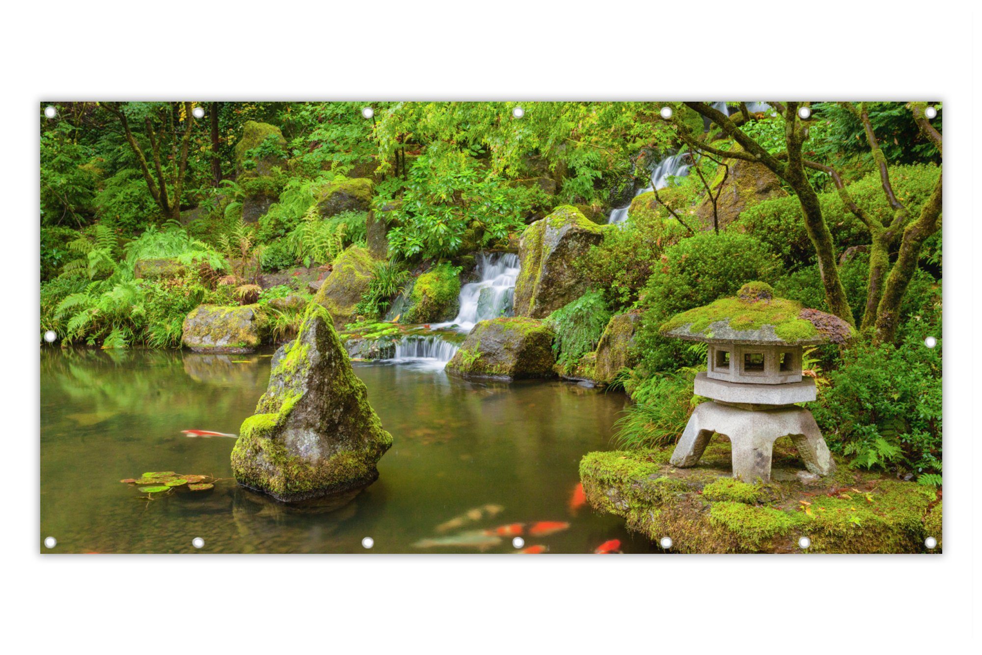 MuchoWow Balkonsichtschutz Wasserfall - Koi - Japanische Laterne - Moos - Wasser (1-St) Balkon Sichtschutz 90x200, Windschutz für Zaun PVC, 200x90 cm