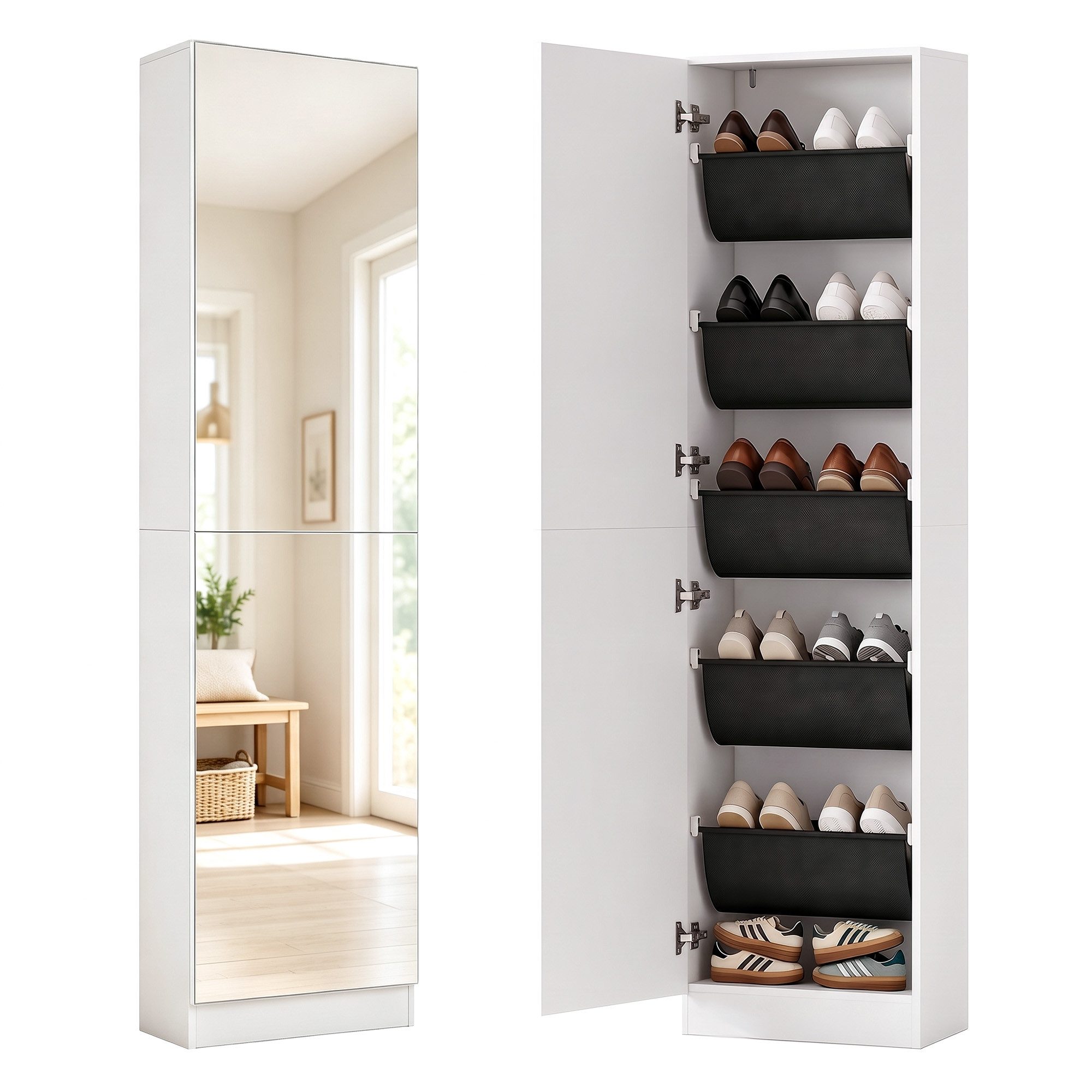 HOMCOM Schuhschrank Schuhaufbewahrung mit Ganzkörperspiegel, 2 umkehrbaren Türen (Schuhregal, 1-St., Schmale Schuhkommode) für Eingang, Flur, 50 x 20 x 180 cm, Weiß