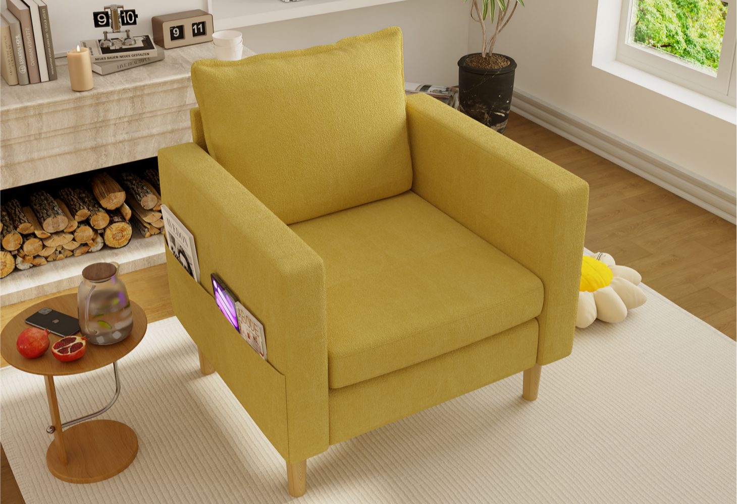 LVHOM Loungesessel Einzelsessel mit Seitentaschen,60cm Sitztiefe, bequeme Sitzfläche (Chenille-Stoff, ergonomisches Design, stabile Holzbeine, belastbar bis 150kg, 15cm Bodenfreiheit), für Wohn-/Schlaf-/Arbeits-/Wartezimmer, Büro, Leseecke, Ruhezone