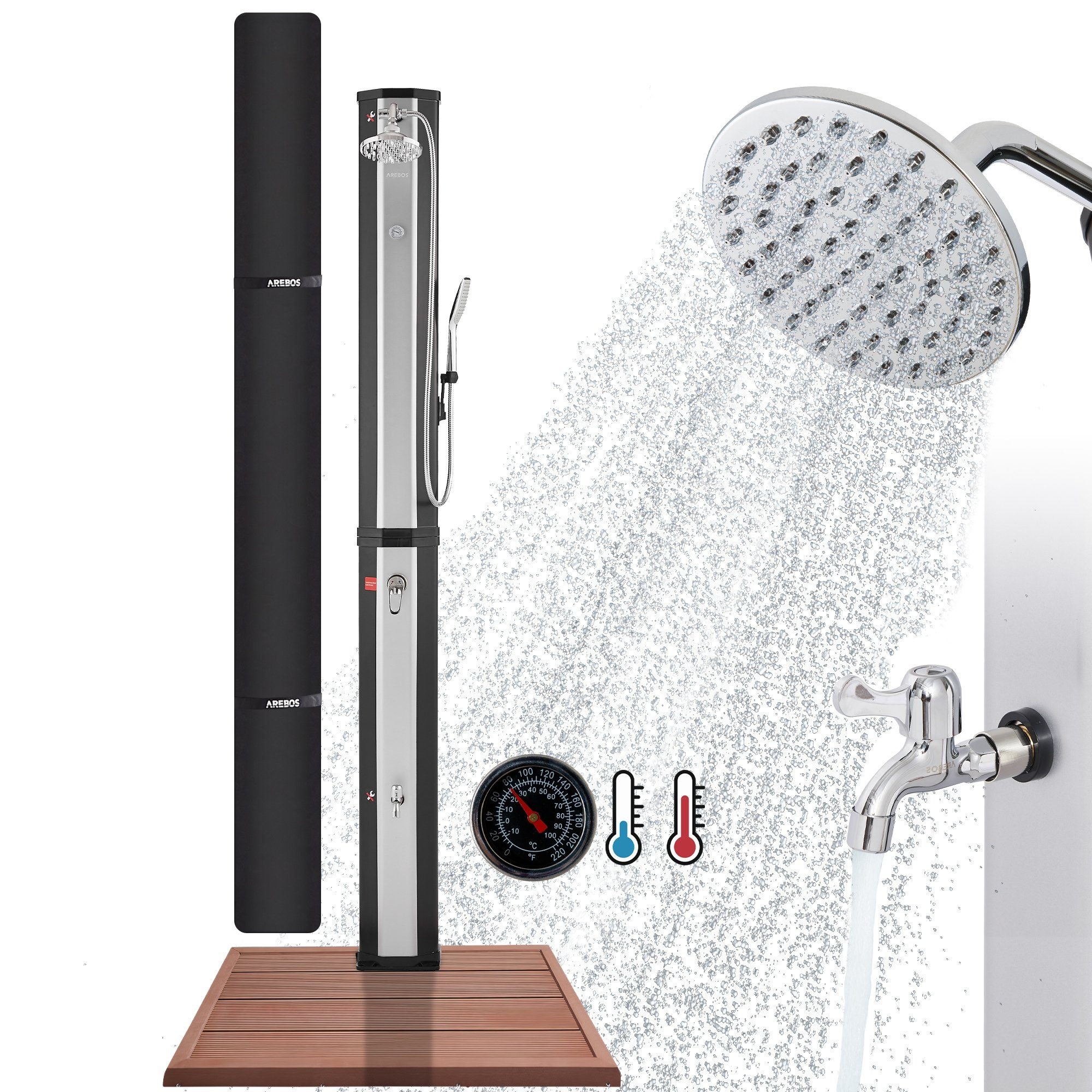 Arebos Solardusche 60L mit Thermometer und Handbrause schwarzsilber