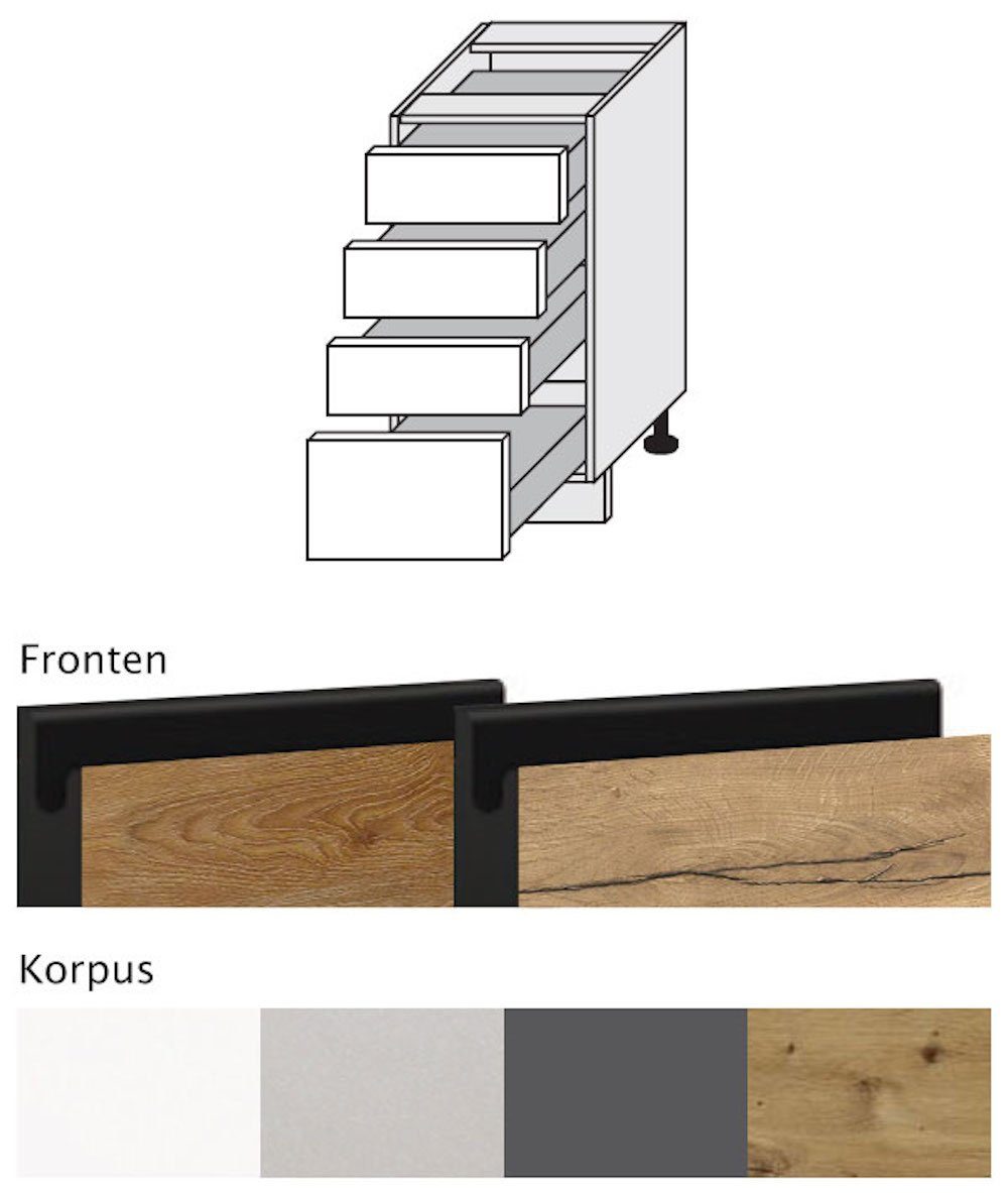 Feldmann-Wohnen Unterschrank Treviso 40cm Front- schwarz - (Vollauszug) & Korpusfarbe Schubladen wählbar 3 Halifax grifflos Eiche