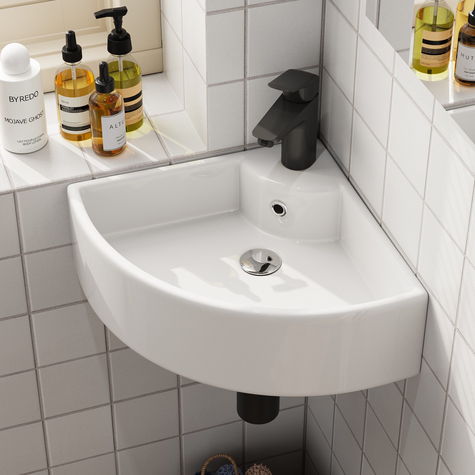 HOROW Waschbecken Waschbecken Waschtisch Badezimmer, Eckwaschbecken Keramik Weiß (Aufsatzwaschbecken für Bad 46 x 32 x 12.5 cm)