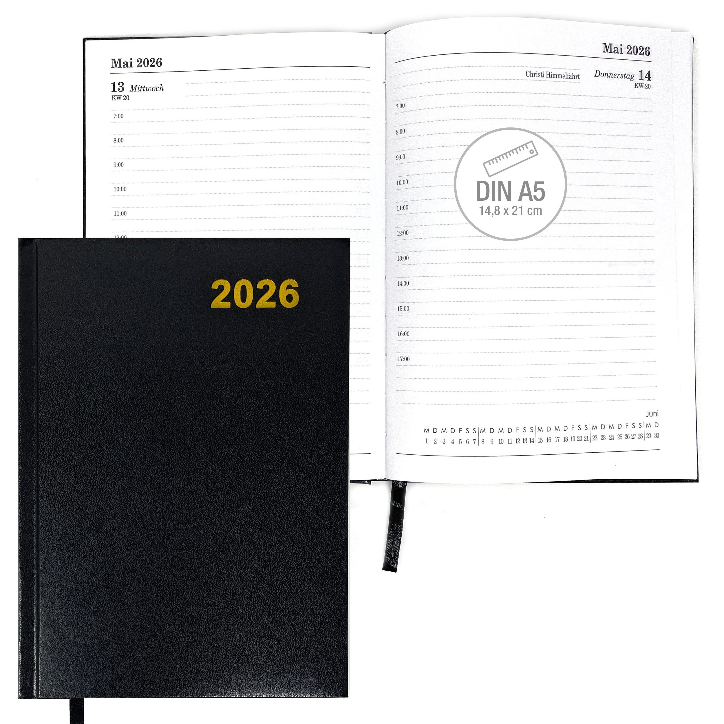 AMLI Buchkalender Kalender 2026 A5 mit 1 Tag pro Seite, Edler Buchkalender, Hochwertiger Hardcover, Terminplaner, Kalender Buch 2026
