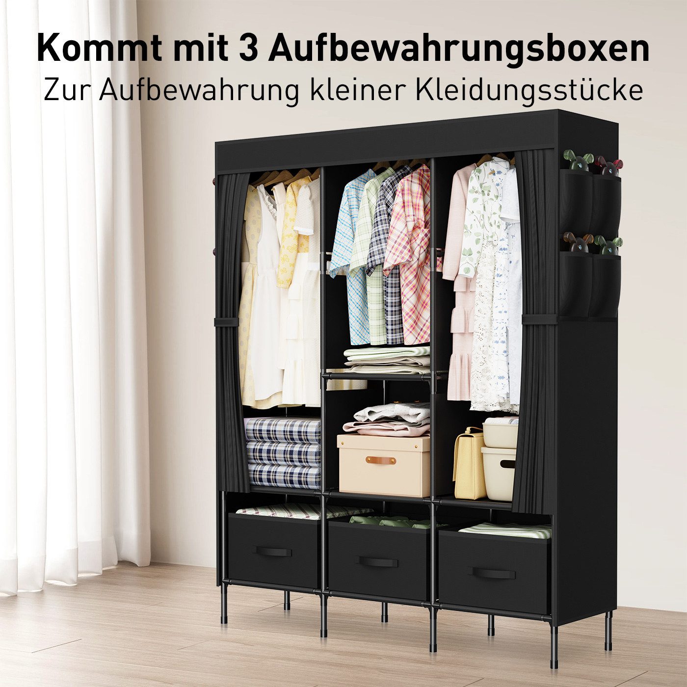 loefme Stoffschrank Kleiderschrank mit Kleiderstangen und 3 Aufbewahrungsbo günstig online kaufen