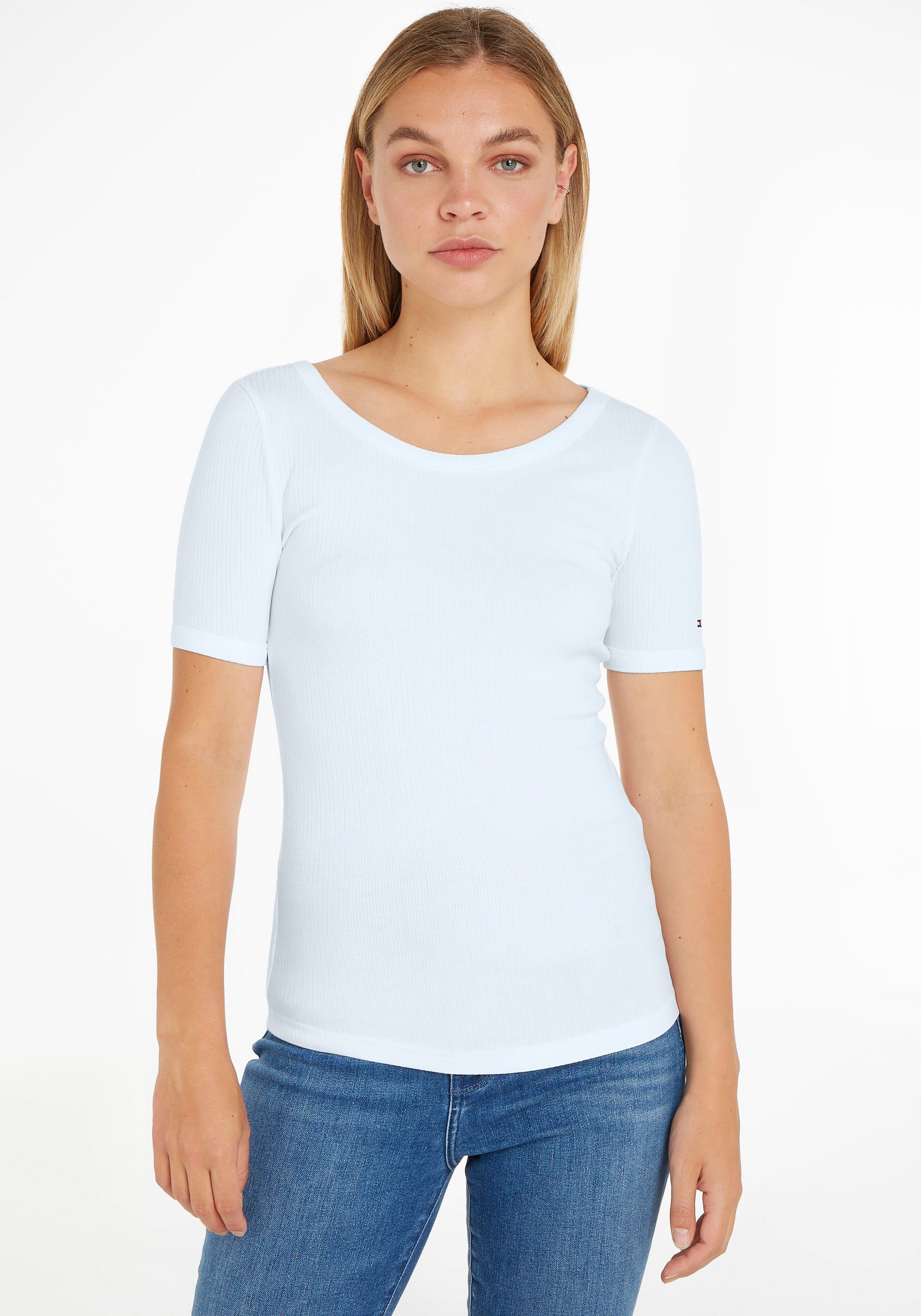 O-NK White Tommy SLIM dezenter Optic Hilfiger Rundhalsshirt mit SS Hilfiger Tommy RIB Th Logostickerei 5X2