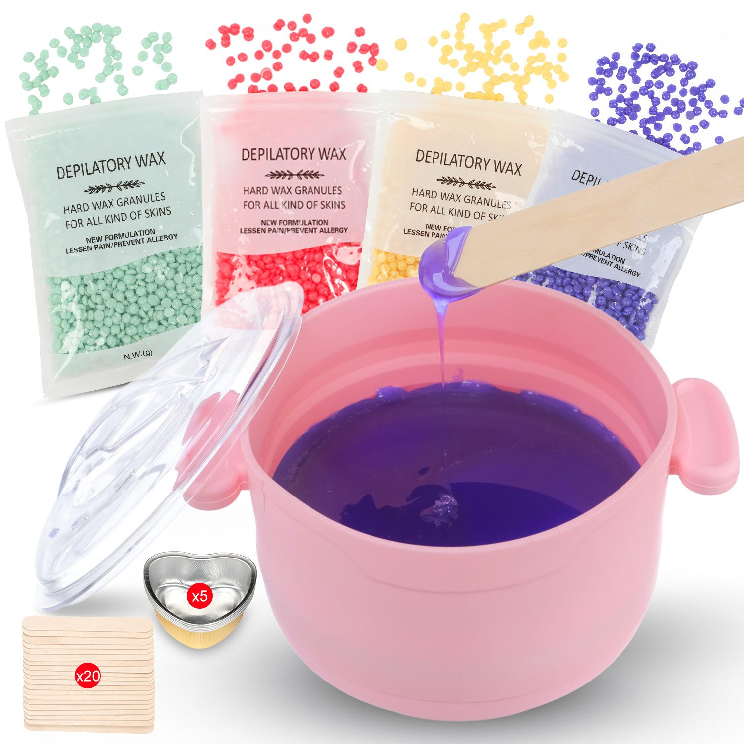 oyajia Enthaarungswachs Faltbar Wachswärmer, Haarentfernung Waxing Kit mit 4X100g Wachsperlen, 20 Holzspateln, 5 x Aluminiumfolienschale, für Gesicht, Bikini, Bein