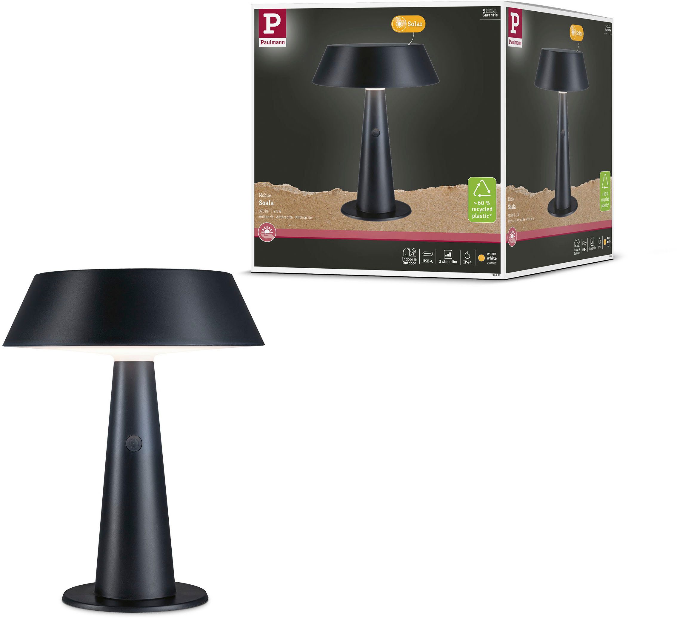 Paulmann LED Tischleuchte Solar LED Tischleuchte Soala 2700K 165lm 2,1W Anthrazit, LED fest integriert, Warmweiß, mehrere Helligkeitsstufen, Dimmer, Ein-/Ausschalter