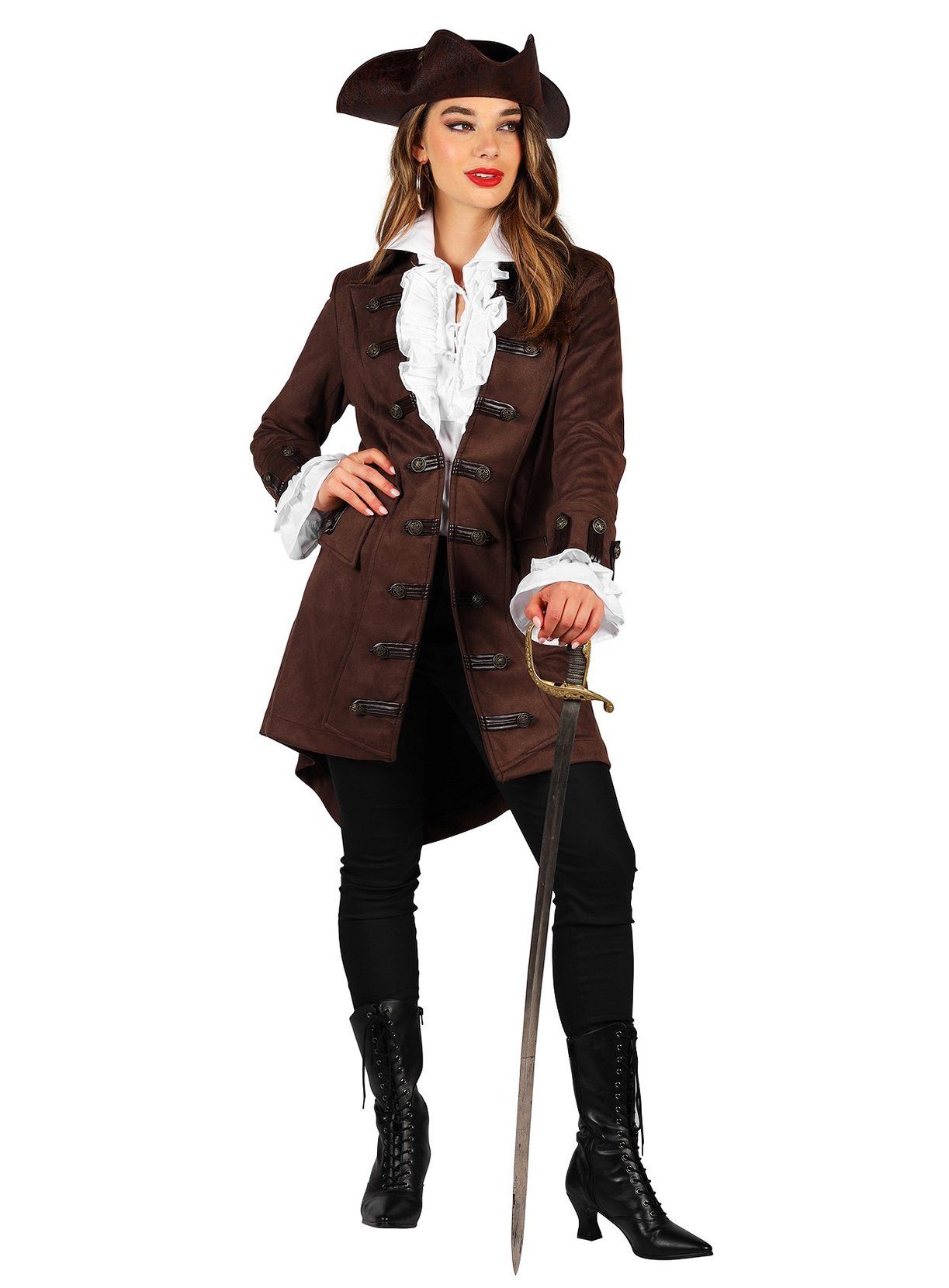 thetru Piraten-Kostüm Brauner Piratenmantel für Frauen, Kapitänsjacke für Piratinnen und barocke Damen