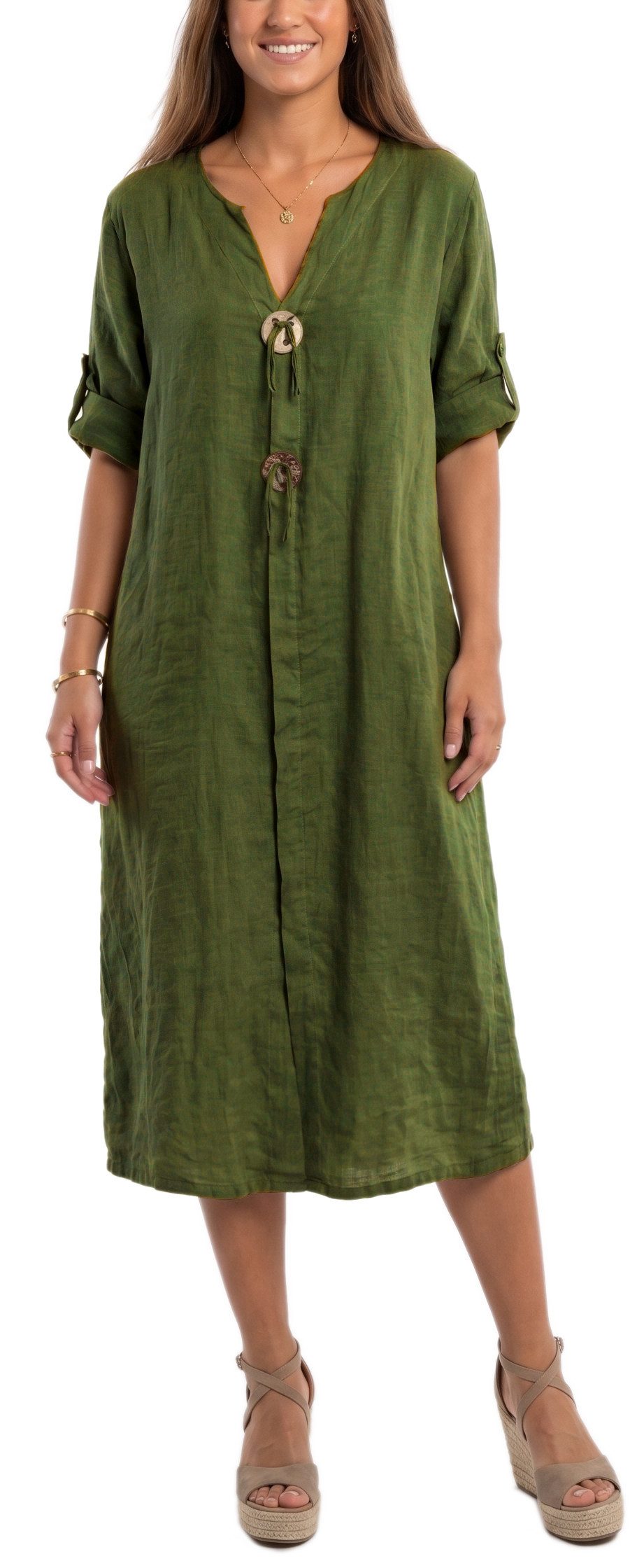dy_mode Hemdblusenkleid Damen Leinenkleid Midi Hemdblusenkleid mit V-Ausschnitt Freizeitkleid in Unifarbe, V-Ausschnitt, mit seitlichen Eingriffstaschen