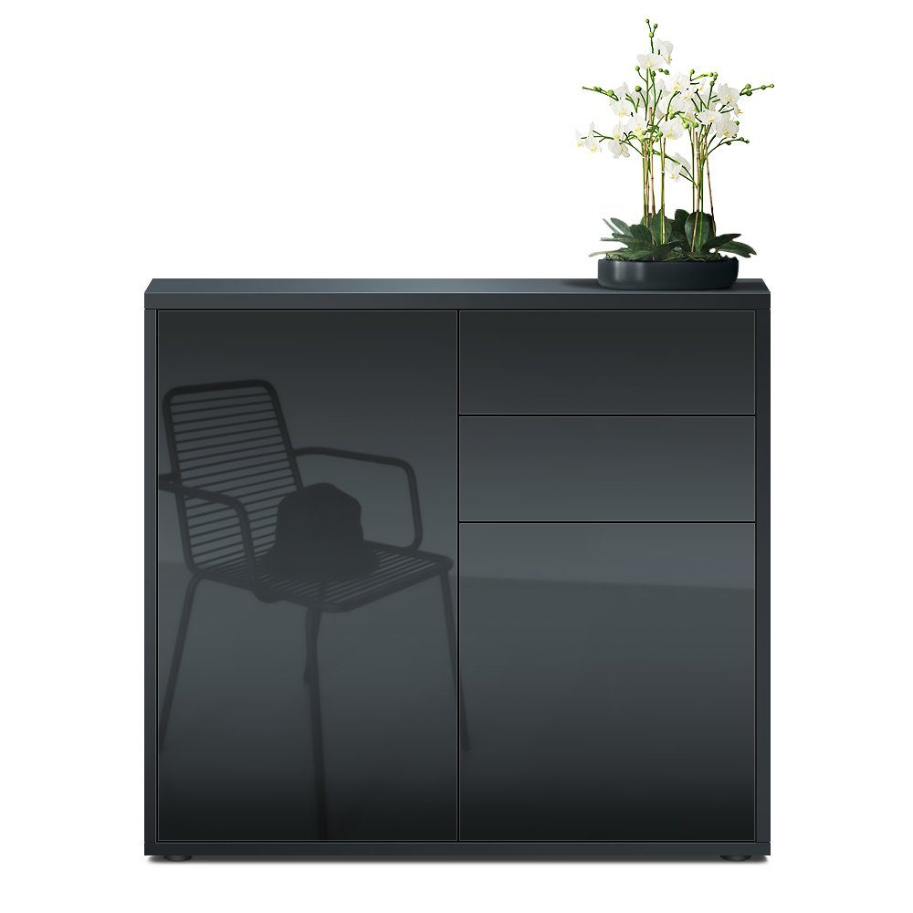 Vladon Kommode Ben V1 (Kommode, mit 2 Türen und 2 Schubladen), Schwarz matt/Schwarz Hochglanz (79 x 74 x 36 cm)