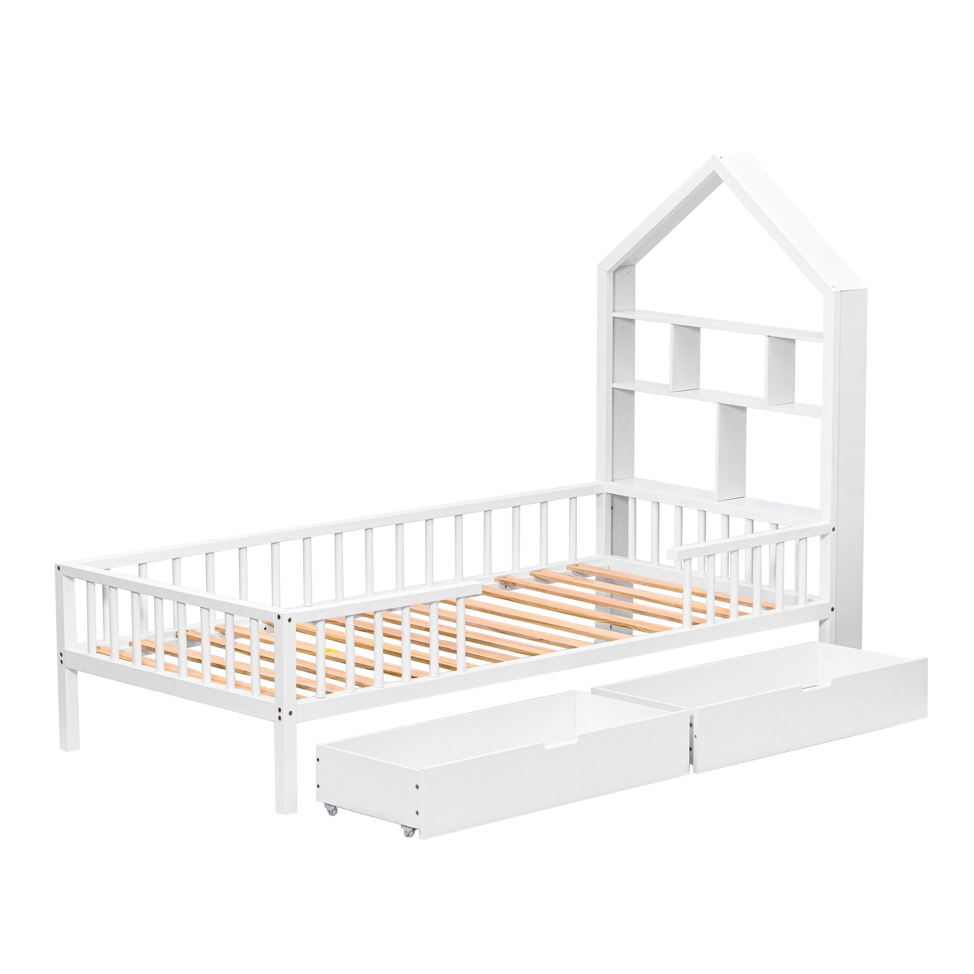 Einzelbett Jugendbett Kieferholz, cm), 2 aus mit Holzbett (90x200 und Kinderbett Lattenrost SOFTWEARY Schubladen