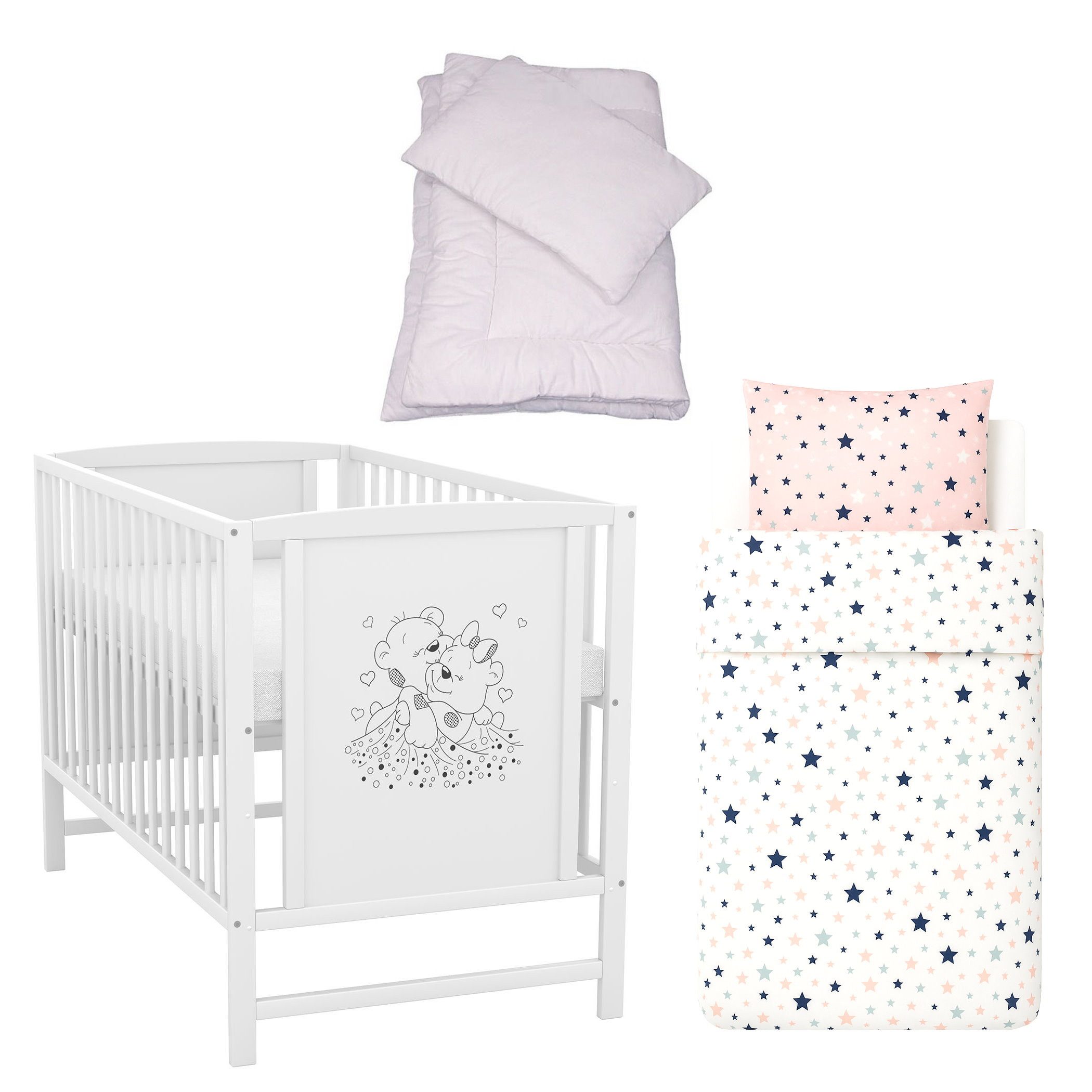 Baby-Delux Komplettbett Babybett Mia Komplettset, 7-tlg., Kinderbett 60x120 cm weiß, Bettset verschiedene Designs