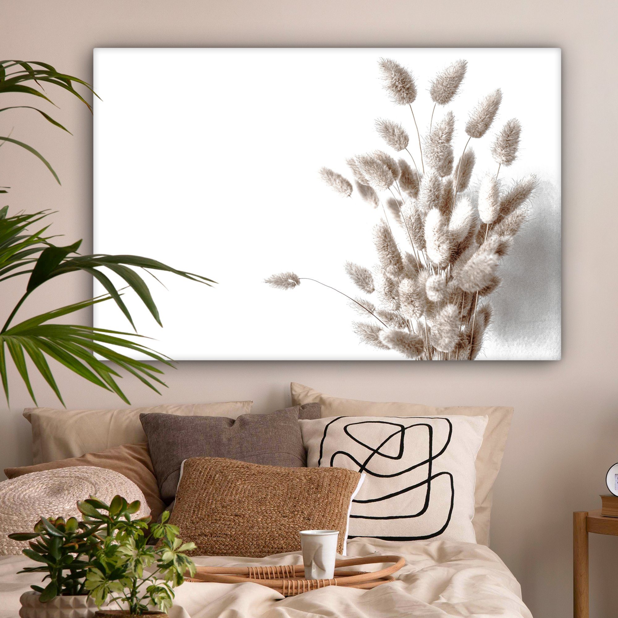 OneMillionCanvasses® XXL, Wandbild großes, Federn Wohnbereiche, Weiß, 120x80 St), - cm Gemälde, (1 für - Pflanzen alle Leinwandbild