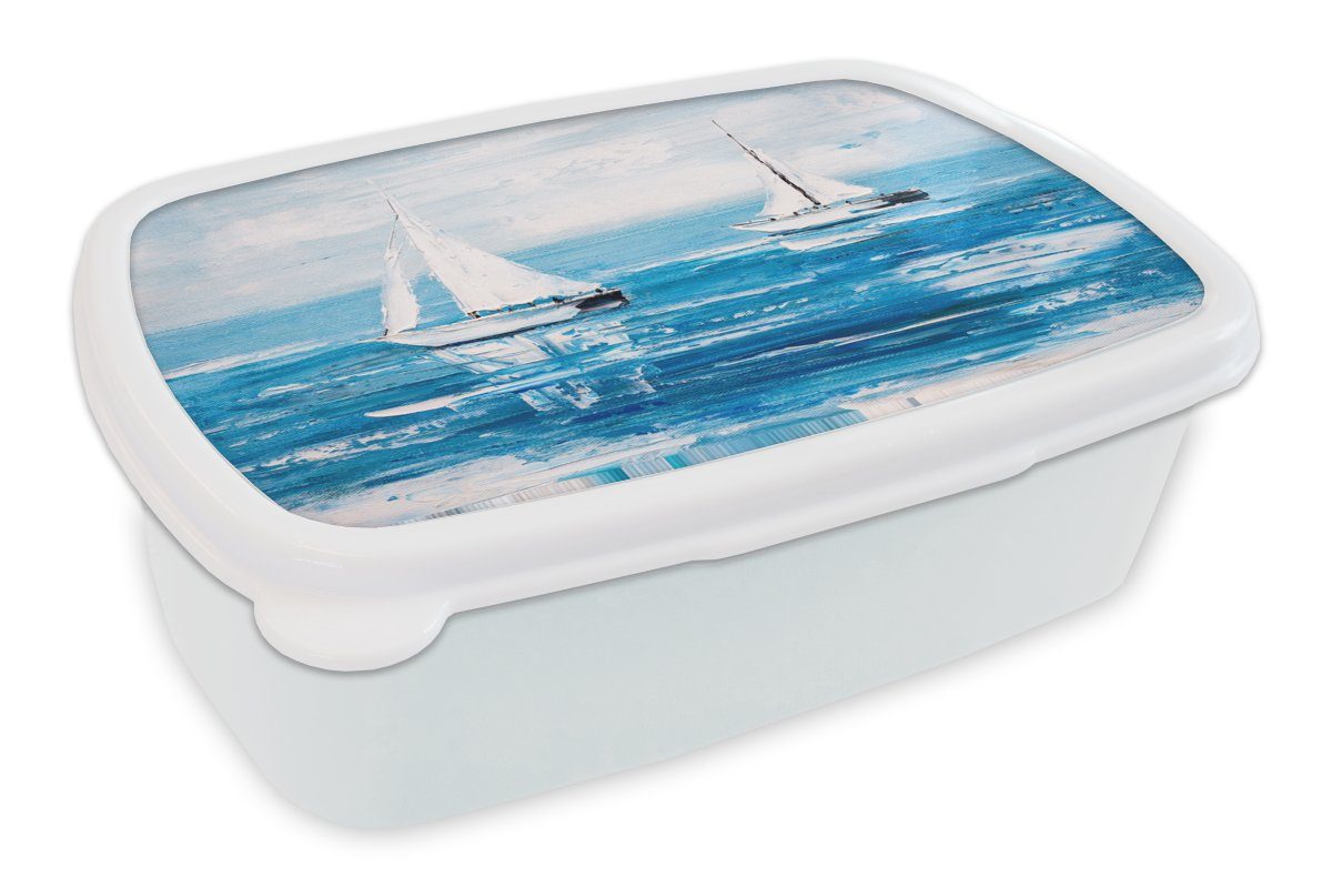 MuchoWow Lunchbox Malerei - Ölfarbe - Boot - Wasser, Kunststoff, (2-tlg), Brotbox für Kinder und Erwachsene, Brotdose, für Jungs und Mädchen weiß