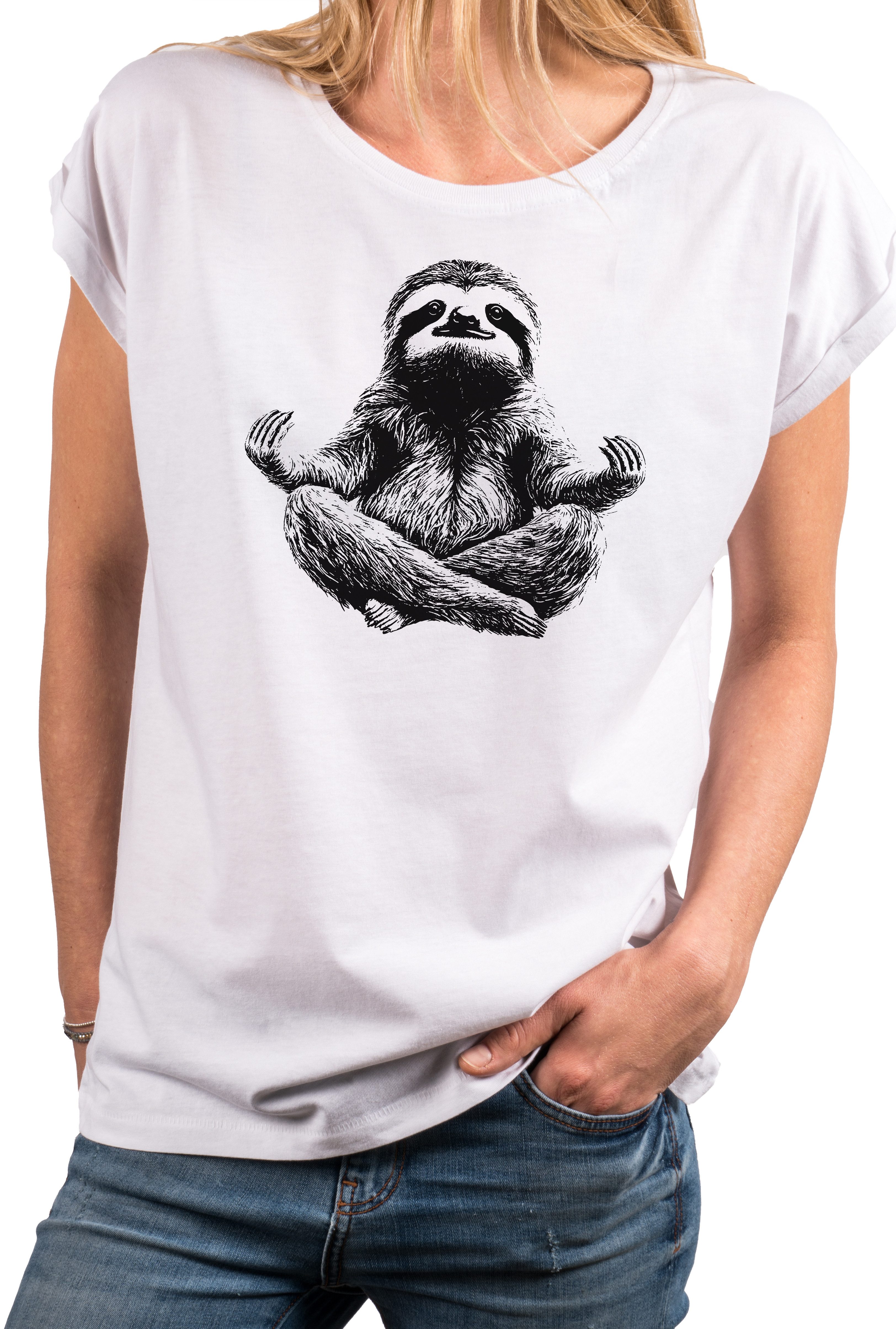 MAKAYA T-Shirt Kurzarm Damen T-Shirt mit lustigem Faultier-Yoga-Aufdruck (Weiß, Rosa, Hellgrau, Grün, Dunkelgrau, 34, 36, 38, 40, 42, 44, 46, 48, 50) Baumwolle