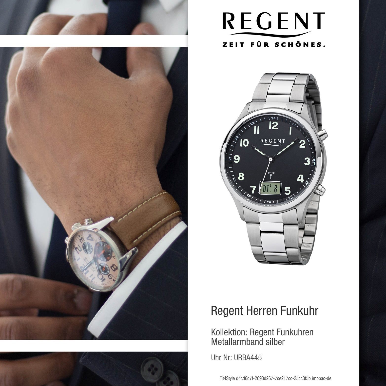 Regent Funkuhr Regent Metall Herren groß rundes BA-445, 40mm) Gehäuse, (ca. Metallarmband Uhr silber, Herrenuhr