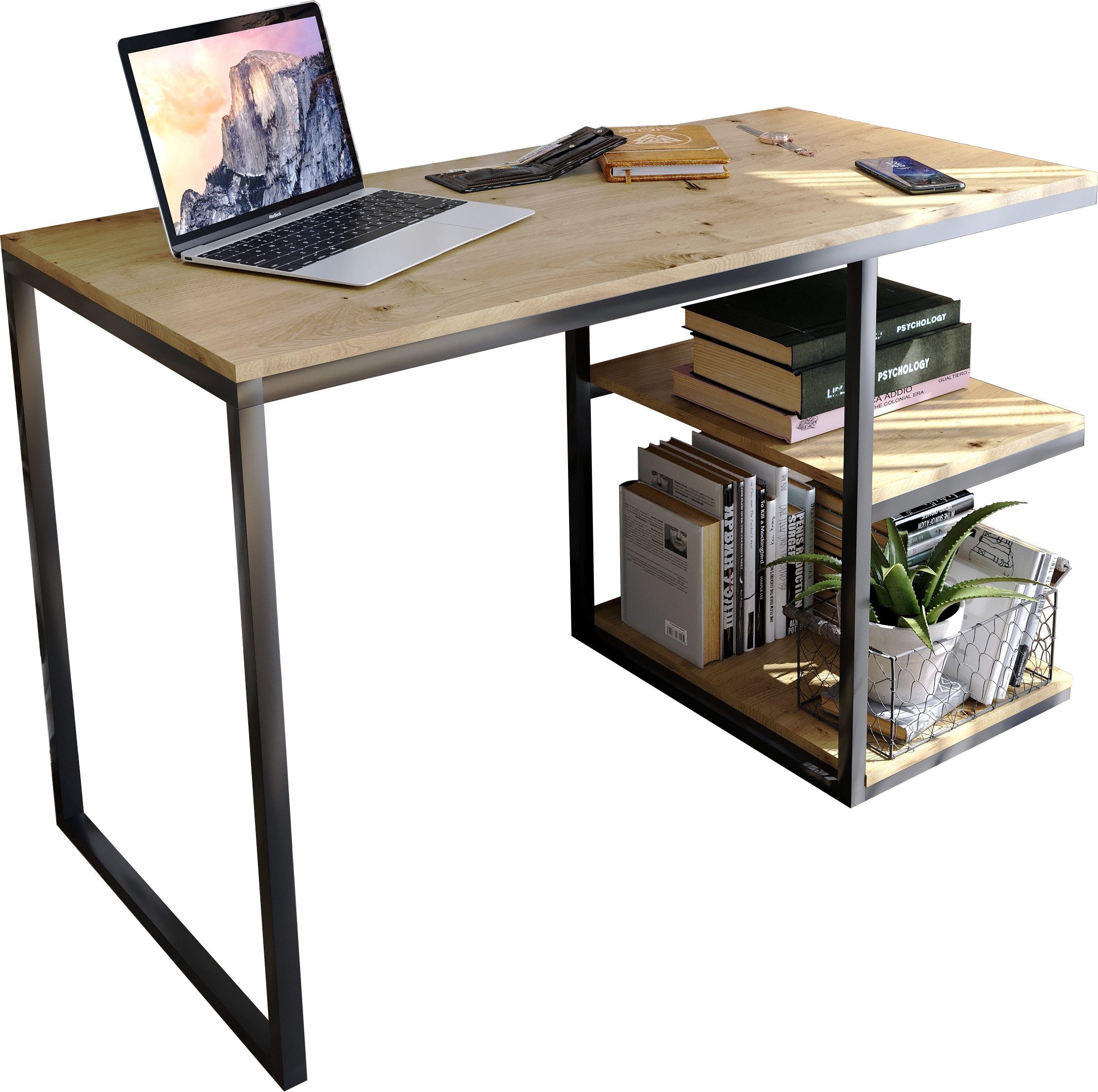 Domando Schreibtisch Schreibtisch Capoliveri, Breite 120cm, Metallgestell pulverbeschichtet Schwarz und Artisan Eiche
