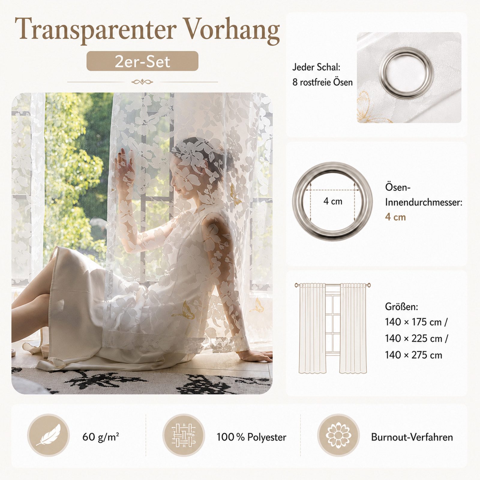 Lapamax Gardine Jacquard-Scheibengardinen mit Ösen, leicht & weich, Dekoschal, 2er-Set Voile-Vorhänge mit Gold-Schmetterlingen, Blättermuster – Bild 3 von 5
