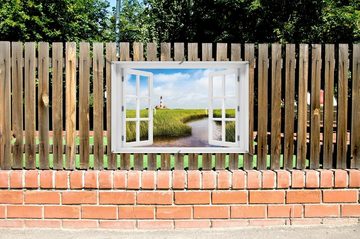 Wallario Sichtschutzzaunmatten Kleiner Bach durch Schilf auf dem Weg zum Leuchtturm, mit Fenster-Illusion