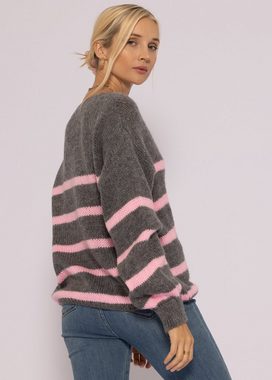 SASSYCLASSY Strickpullover Oversize Pullover Damen aus weichem Grobstrick Lässiger Strickpullover mit Streifen und V-Ausschnitt, Made in Italy, One Size (Gr. 36-40)