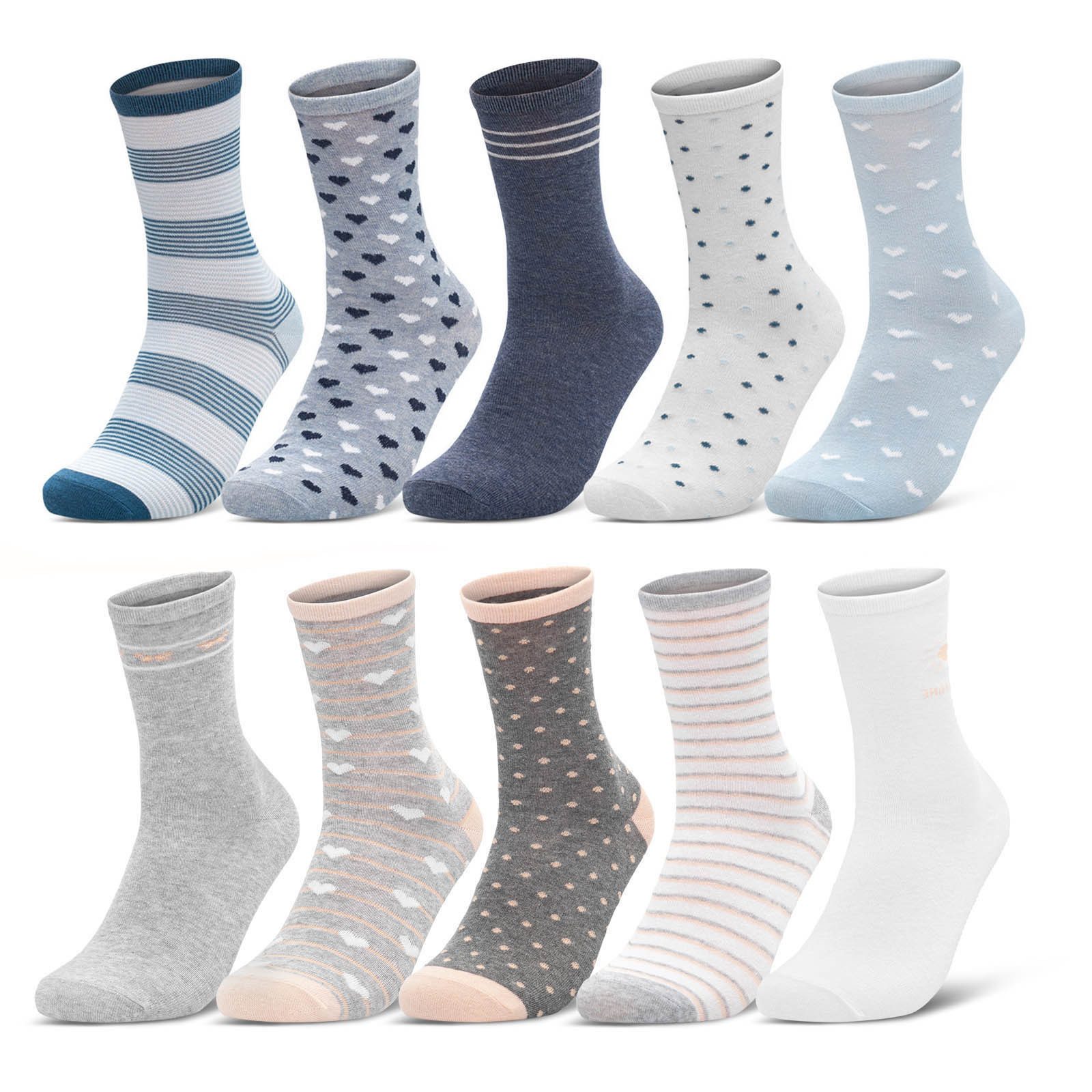 sockenkauf24 Basicsocken 10 Paar Damen Socken Mehrfarbig Streifen Punkte (34924+34911/2, 35-38) Herzen Maritim Baumwolle