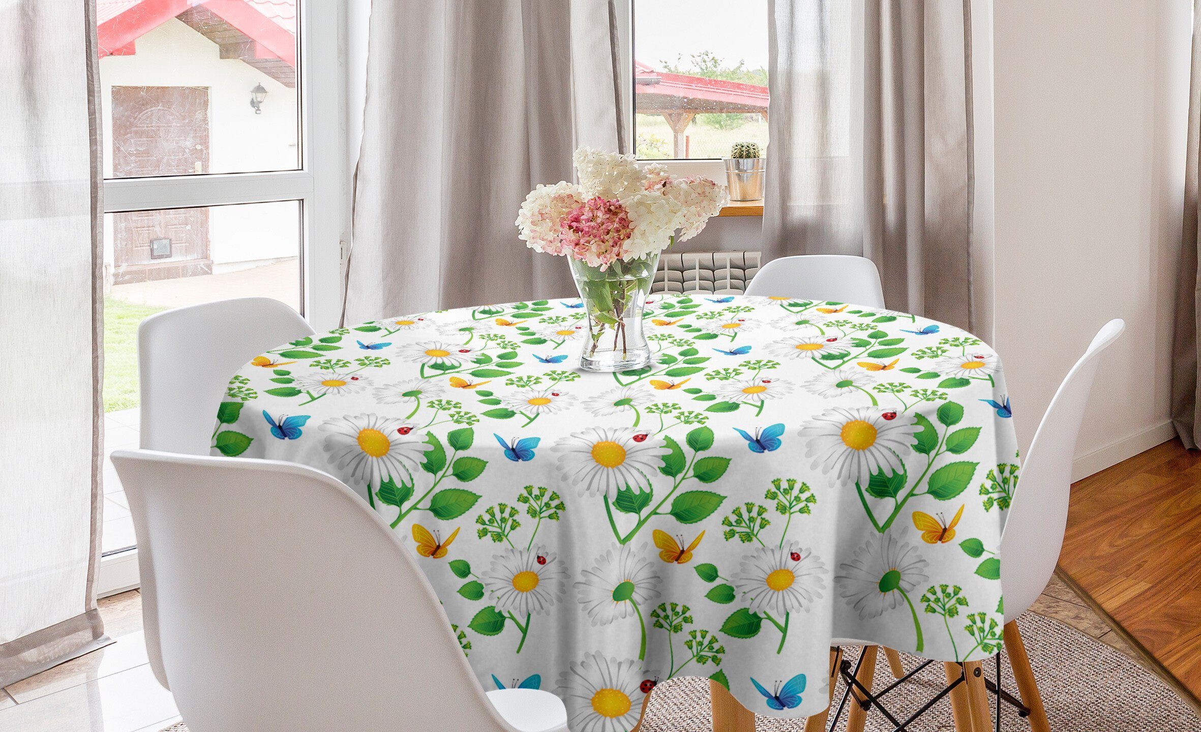 Abakuhaus Tischdecke Kreis Tischdecke für Kamillen Dekoration, Küche Esszimmer Abdeckung Blume Marienkäfer auf