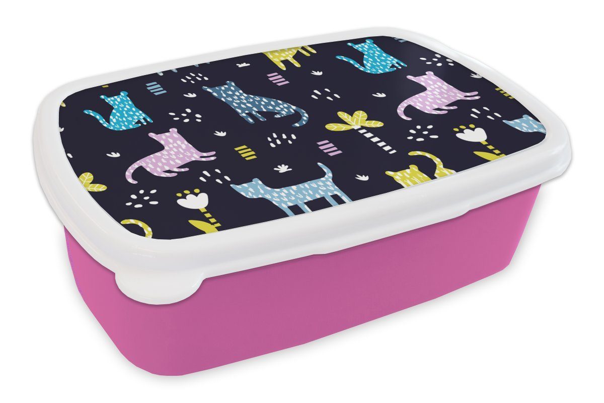 MuchoWow Lunchbox Design - Dschungel - Leopard - Tiere, Kunststoff, (2-tlg), Brotbox für Erwachsene, Brotdose Kinder, Snackbox, Mädchen, Kunststoff rosa