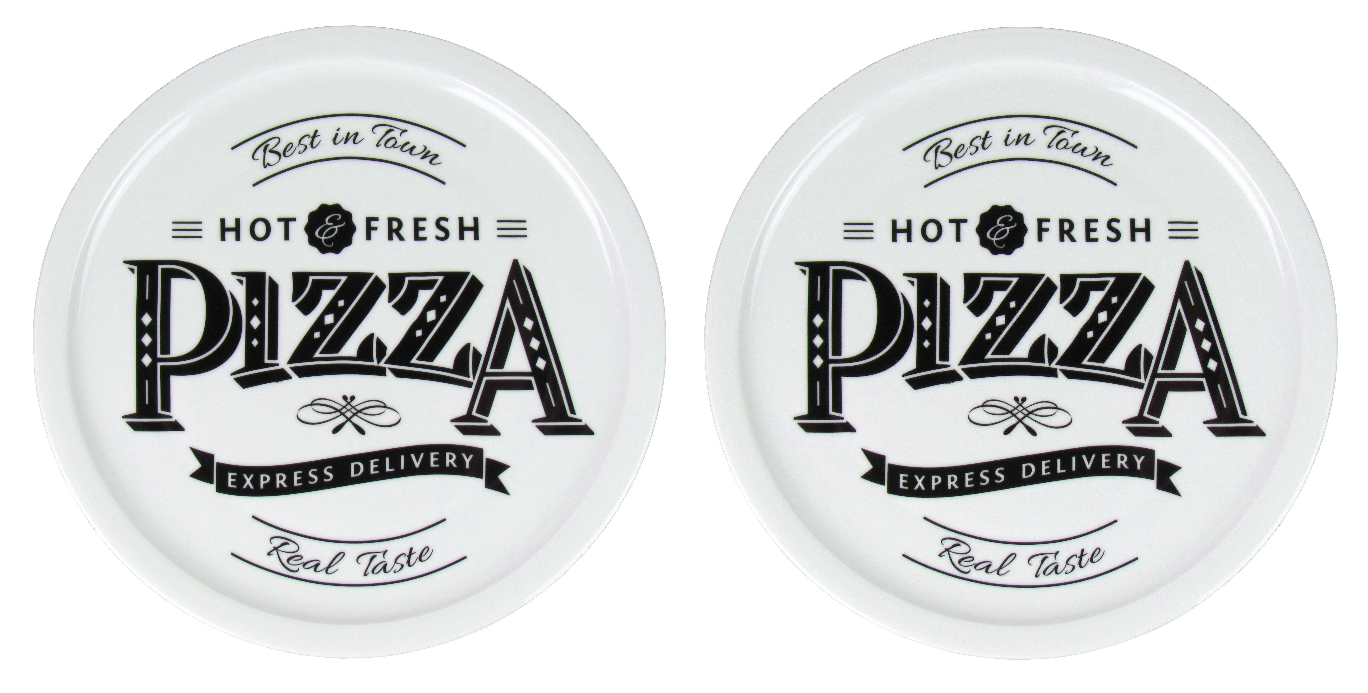 Cosy & Trendy Pizzateller Ø 31cm aus Porzellan mit Retro Pizza Schriftzug, wahlweise inkl. Pizzaschneider