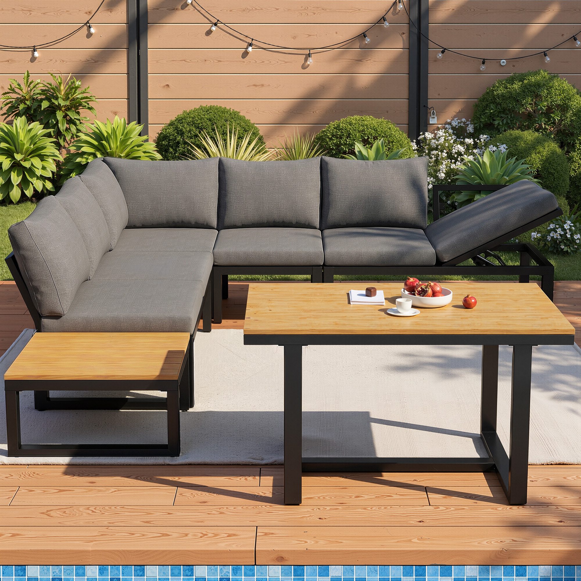 MC Star Gartenlounge-Set 6-teiliges ohne Armlehnen, mit verstellbarer Rückenlehne, (Ecksofa mit Tisch & Couchtisch, wetterfestes Stahlgestell, Sitzkissen in Grau, Outdoor Lounge für Balkon & Terrasse)
