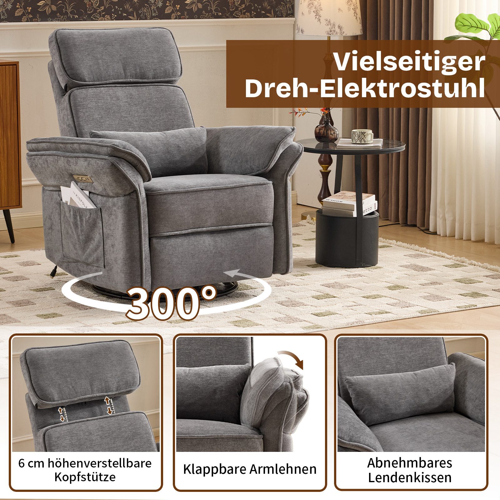 LALAHO Sessel Relaxsessel Fernsehsessel Liegesessel, Wippfunktion,Heizfunktion, Stillstuhl, verstellbare Kopfstütze und Armlehnen, USB, USB‑C – Bild 3 von 5