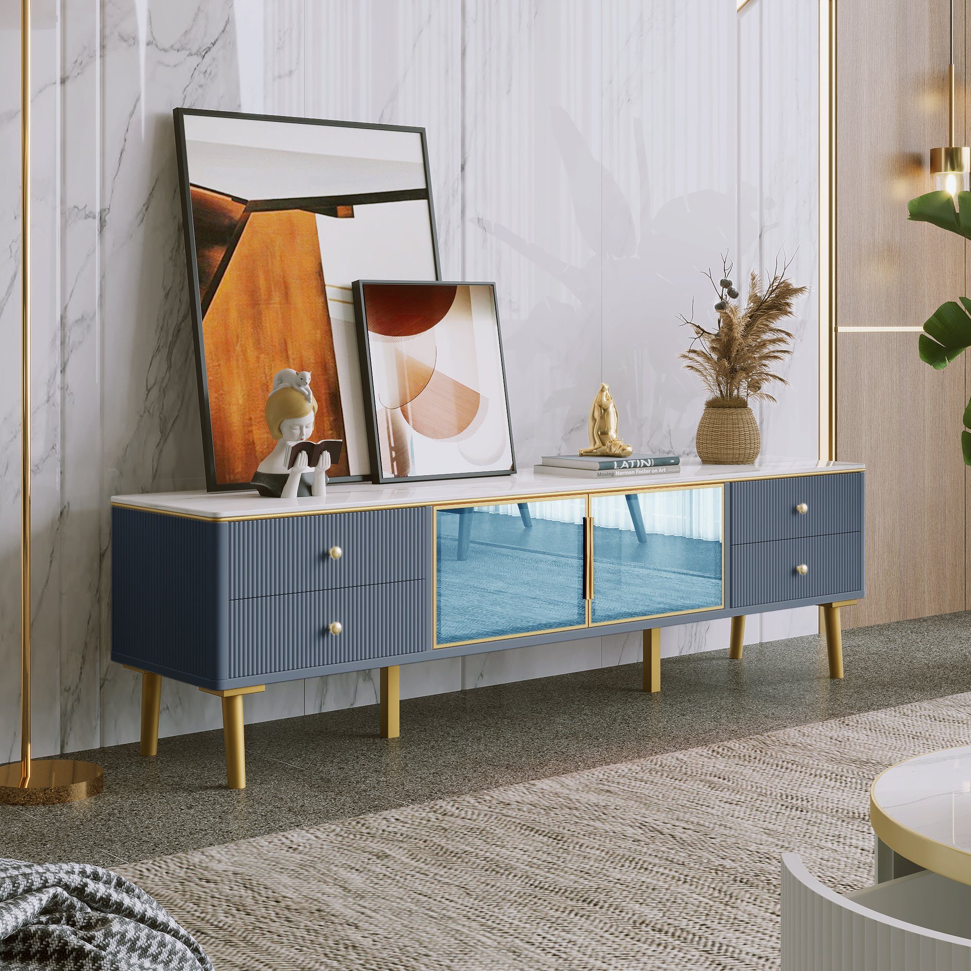 REDOM TV-Schrank Fernsehschrank TV-Lowboard Sideboard Beistellschrank modern (mit 4 Strukturierte Schubladen 4 Füßen, für Wohnzimmer,170*37*47,5cm,Mamoroptik) mit Goldenen Griffen und zwei Braune Türen aus Gehärtetem Glas