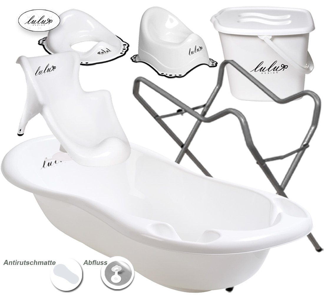 Maltex Babybadewanne 5 Teile SET - LULU Weiß + Ständer Grau -- Badeset Baby Wanne 84 cm, (Premium.set 5 tlg+Ständer Made in Europe), = WANNE + BADESITZ + TÖPFCHEN + WC AUFSATZ + WINDELEIMER + STÄNDER | Babybadewannen