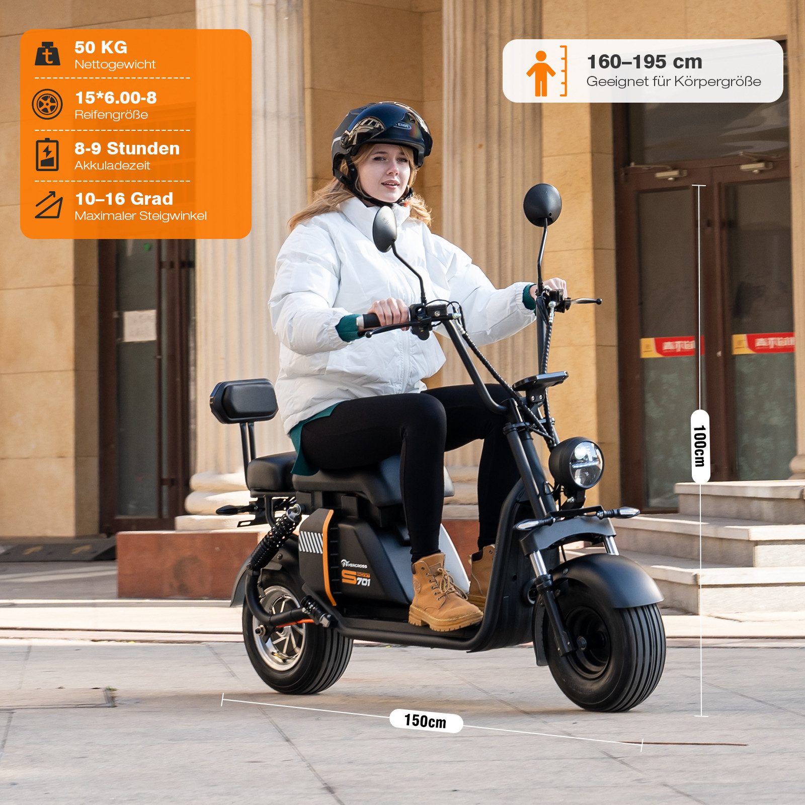 EVERCROSS TECH Electric Scooter 48V-25Ah, AM License, 1500W, 60km/h, 45km/h, LED Display, Turn Signals, Remote Key, Alarm System, Dual Shock Absorbers