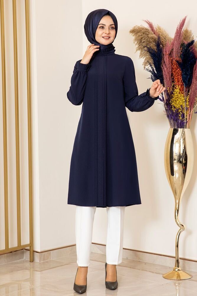 Navy Damen Tunika Tunika Kragen mit lange Fashion Modavitrini Tunika Blau gerippte Hijab Modest Longtunika