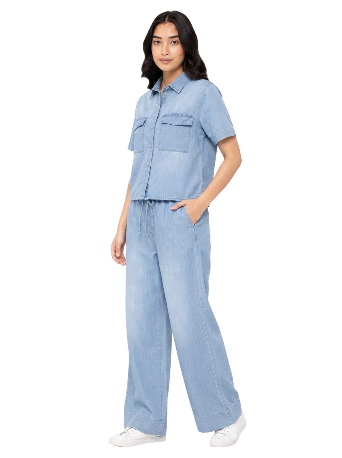 PfauGermany Blusentop Chik, moderns Denim Cord-Set. 2PSC. Hembluse+Wide-Leg DenimHose
