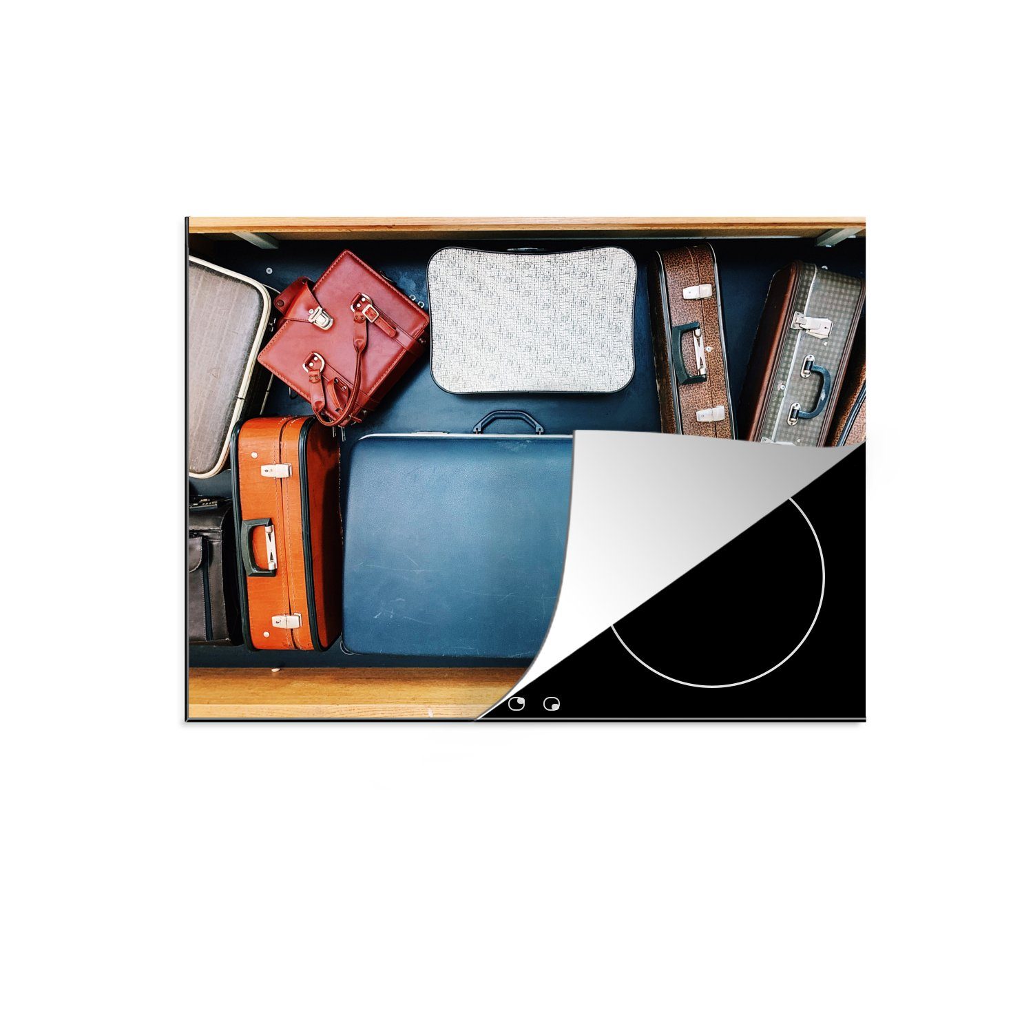 MuchoWow Herdblende-/Abdeckplatte Koffer am Gürtel, Vinyl, (1 tlg), 70x52 cm, Mobile Arbeitsfläche nutzbar, Ceranfeldabdeckung